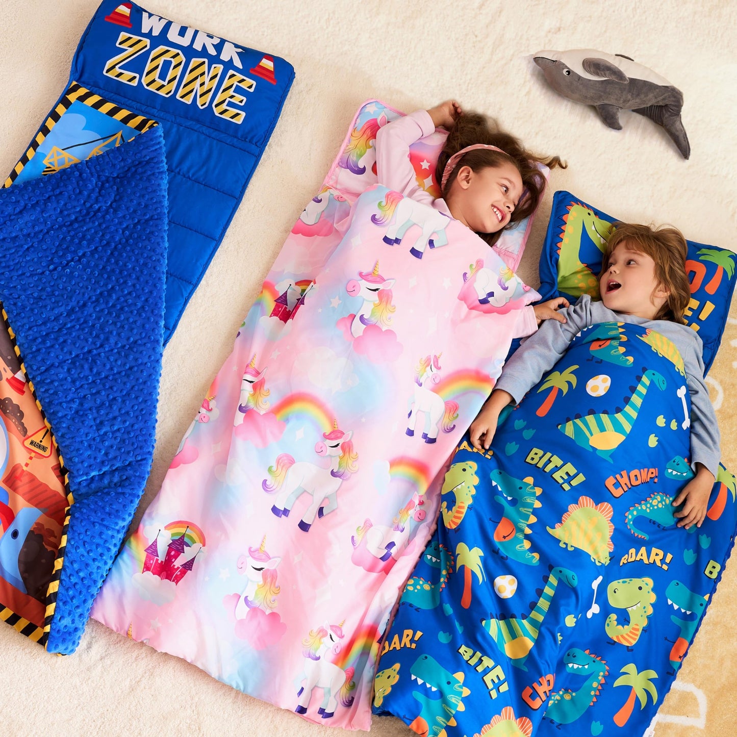 JOIEDOMI Toddler Sleeping Bag for Kids 55''x30'' Nap Mat with Removable Pillow and Minky Blanket for Toddler Ages 3-7 Roll Up Kids Sleeping Bag for Boys Girls Kindergarten Daycare Sleepover Vehicle