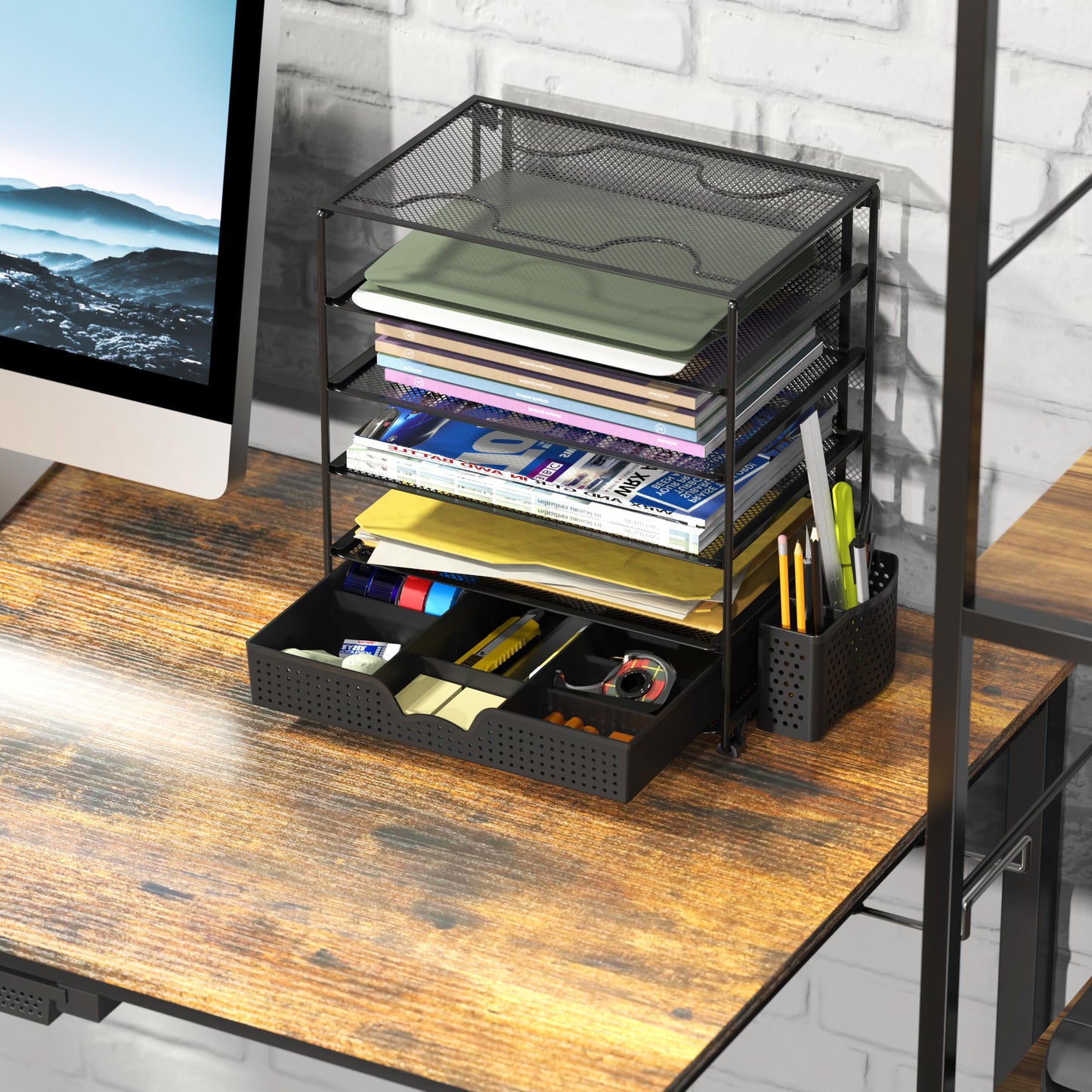 Simple Houseware 5-Tier Desktop Document Tray Organizer with Sliding Drawer and Pen Holder, Black