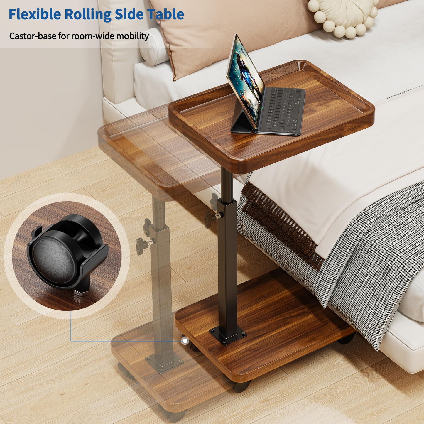 C Table End Table Adjustable Height, 360°Swivel TV Tray Table for Small Spaces, Couch Tables that Slide Under (Walnut-Height Djustable)