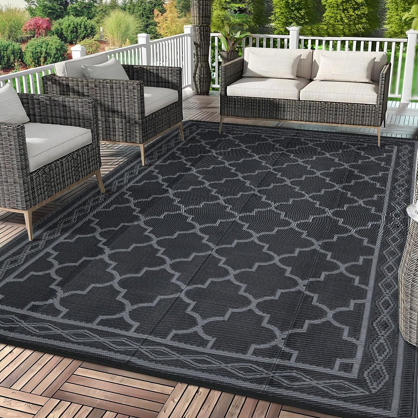 Garvee Morocco Outdoor Plastic Straw Rug 6'x9', Patio Rugs for Camping, Reversible Outdoor Carpet for RV, Waterproof Geometric Mat for Picnic, Deck Balcony Porch Backyard,Black & Grey