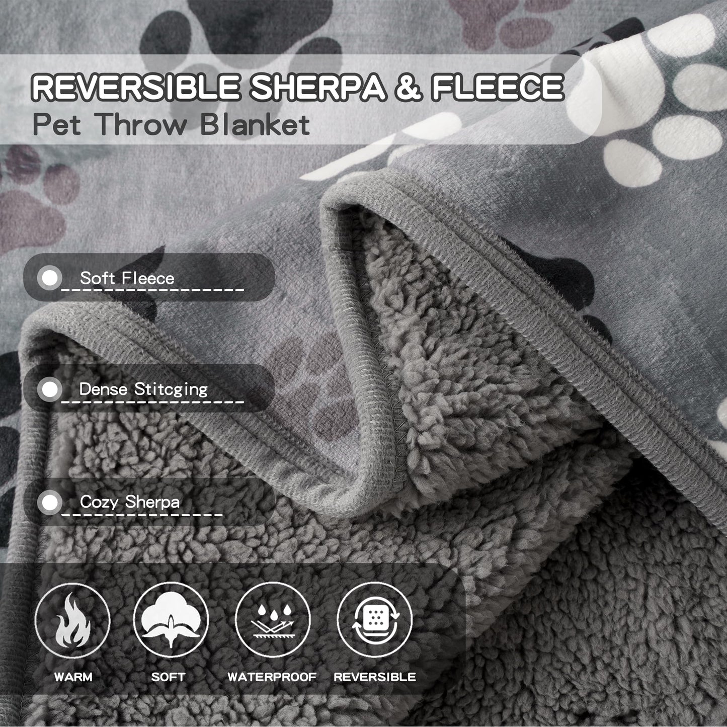CAPT.SNOOZE Waterproof Dog Blankets Pet Blanket 50"x60", Soft Fluffy Sofa Car Bed Protector, Reversible Sherpa Fleece Dog Blanket for Large Dogs (Dark Grey-Paws)