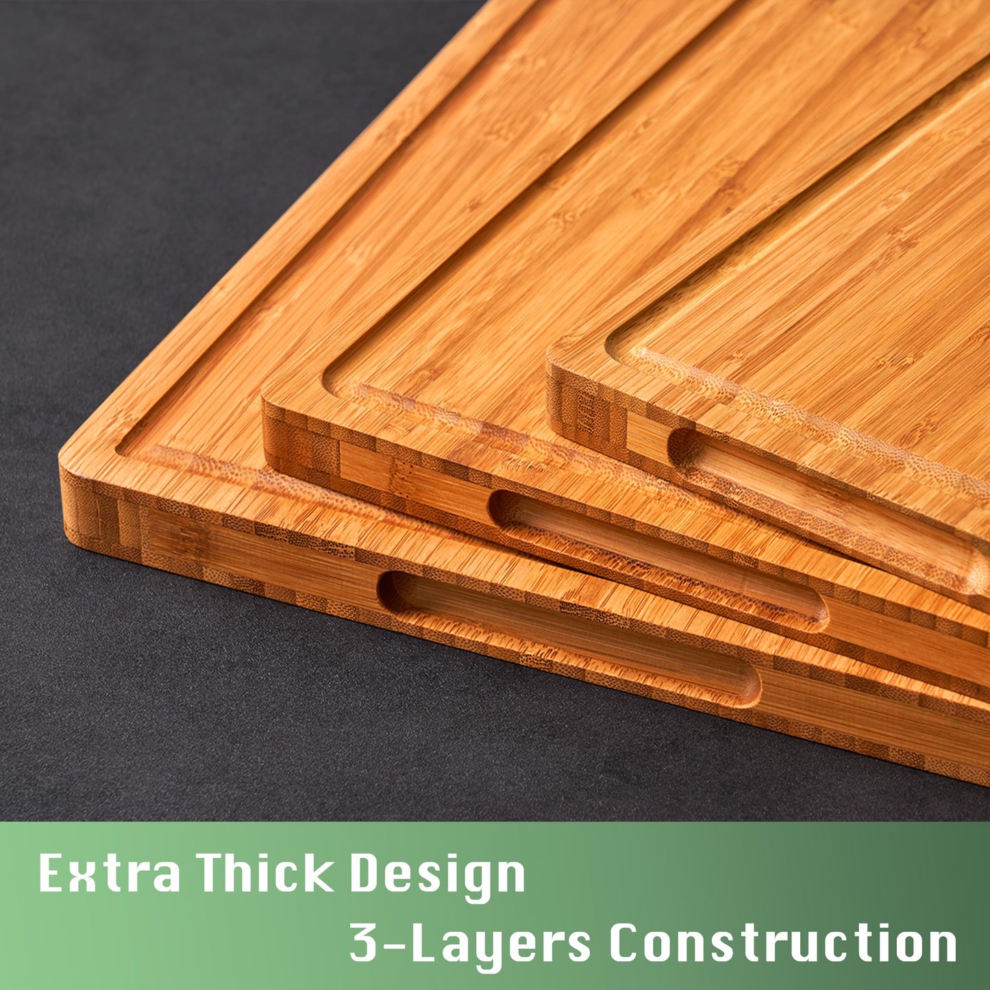 Large Wood Cutting Board for Kitchen, 1” Thick Bamboo Cheese Charcuterie Board, Butcher Chopping Block, with Juice Grooves and Handles
