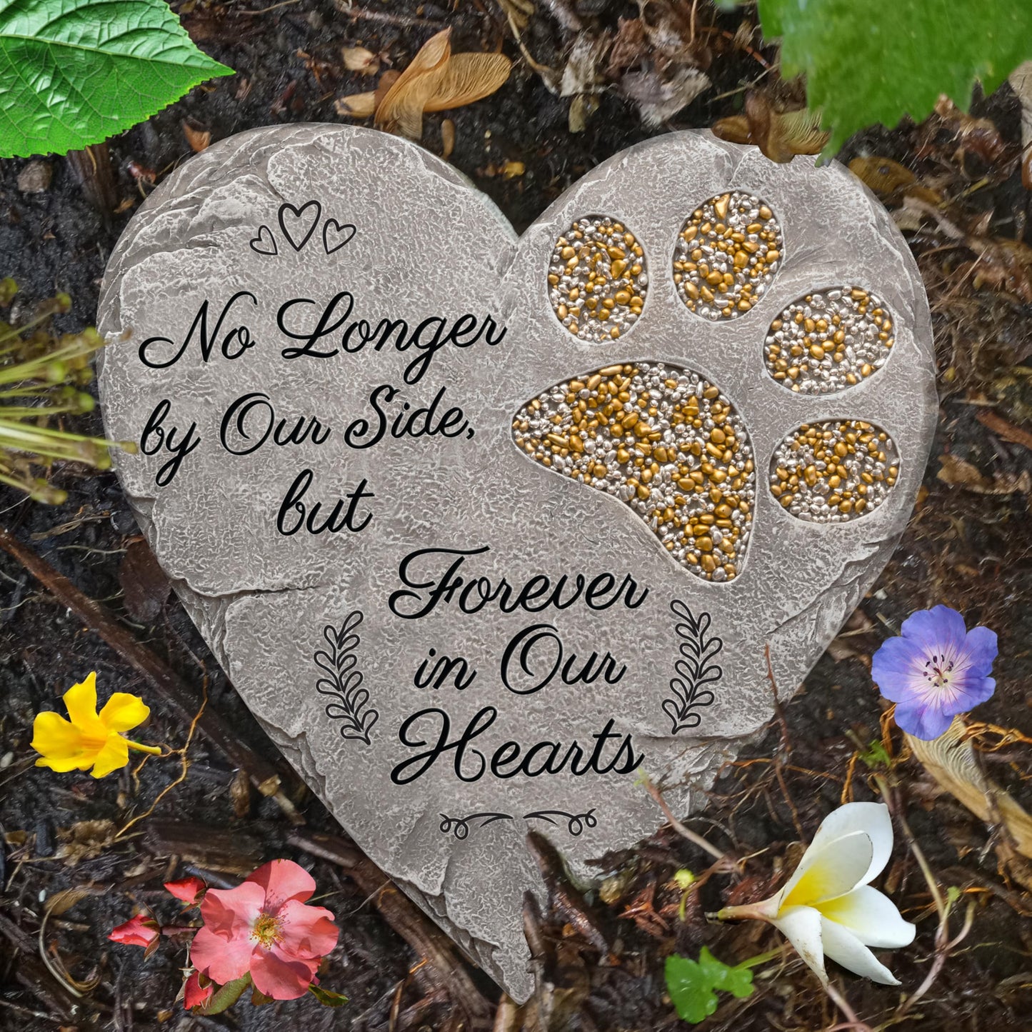 OBSI Pet Memorial Stone - Gray | Dog or Cat Garden Stone Heart Paw Print | Headstone Memory Gifts for Pet Loss