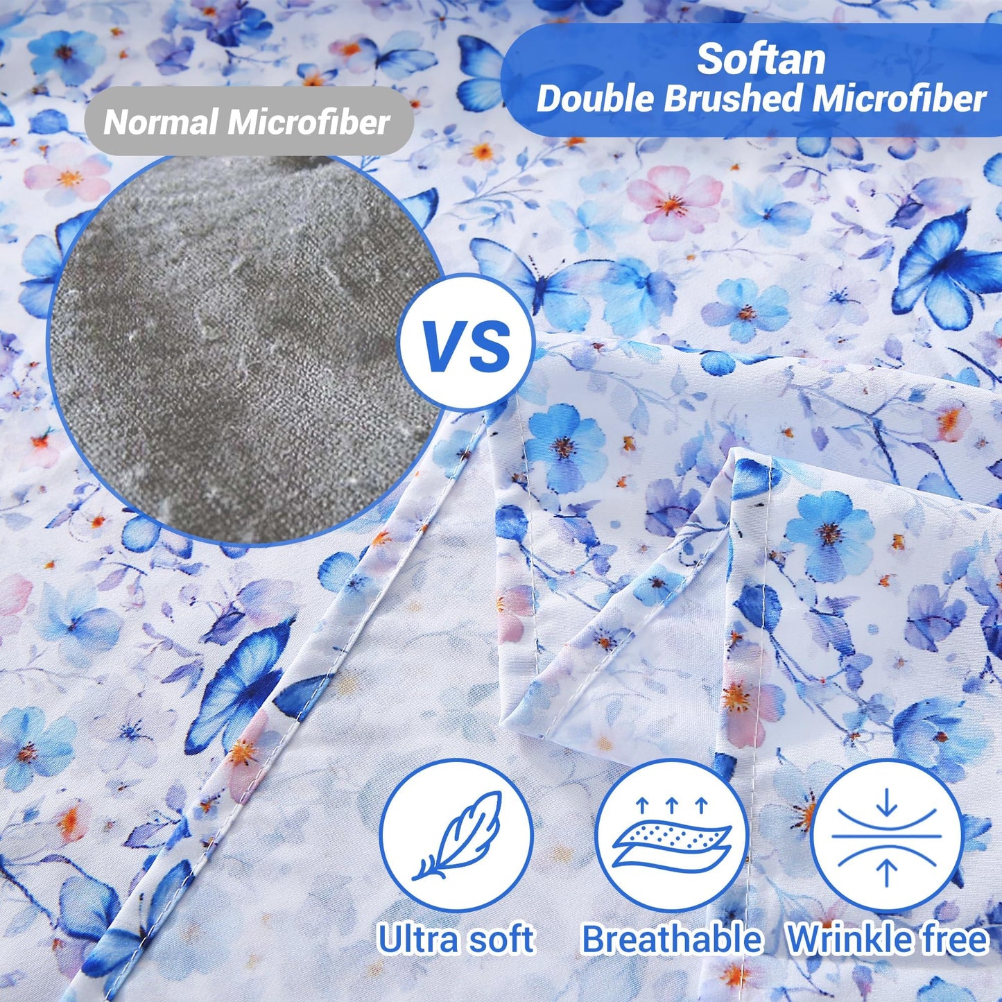 Softan Queen Floral Sheets, Microfiber Blue Flower Printed Fitted Sheets with Non-Slip Straps and 15" Deep Pocket, Butterfly Patterned Cozy Bed Sheets Queen, Buttertfly Sheets & Pillowcase Sets