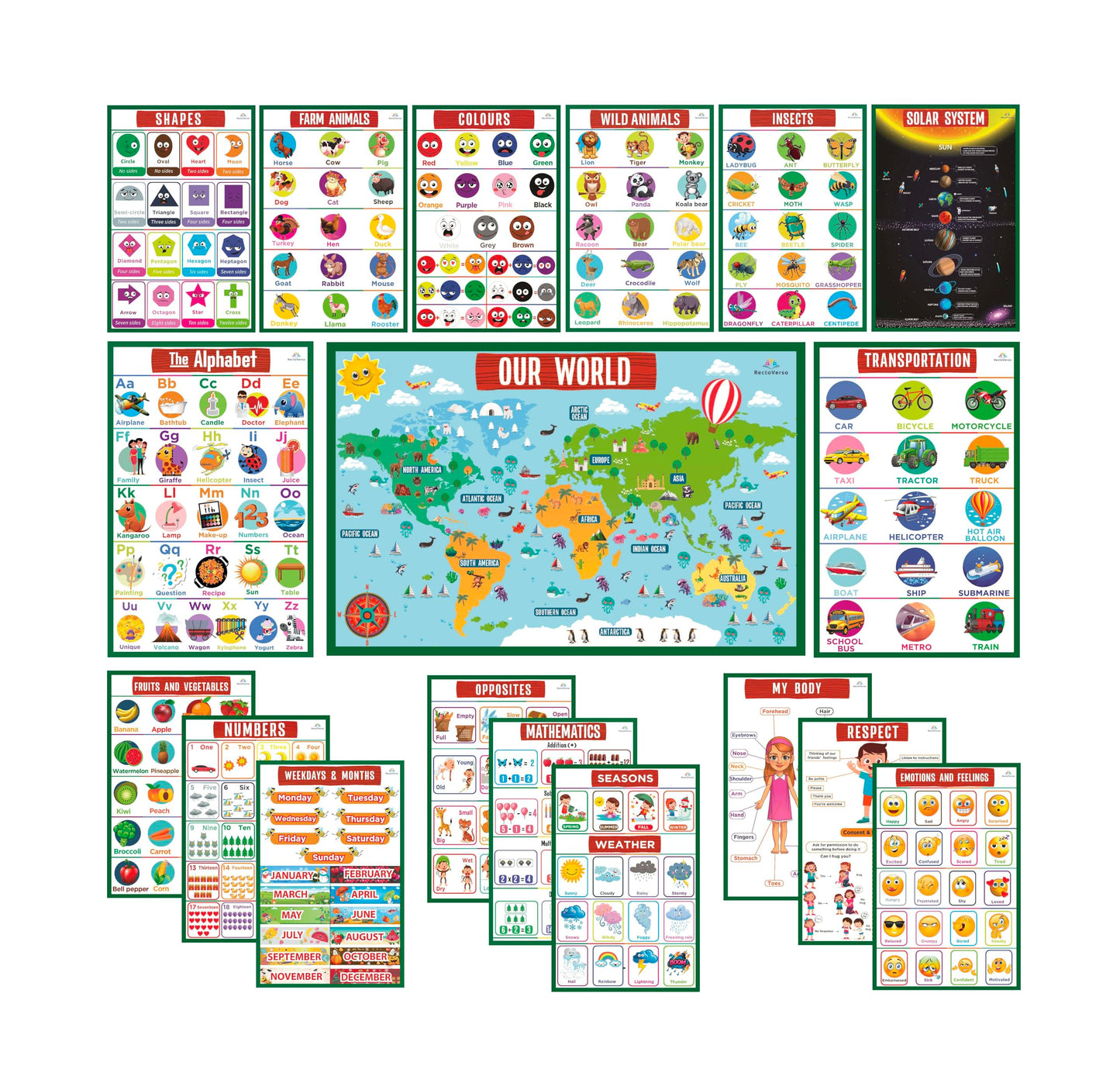 Recto Verso | 18 [36 total] English/French Double-Sided Bilingual Educational Preschool Posters for Toddlers & Kids Kindergarten Classroom Homeschool Learning Tool | Alphabet, Numbers & more
