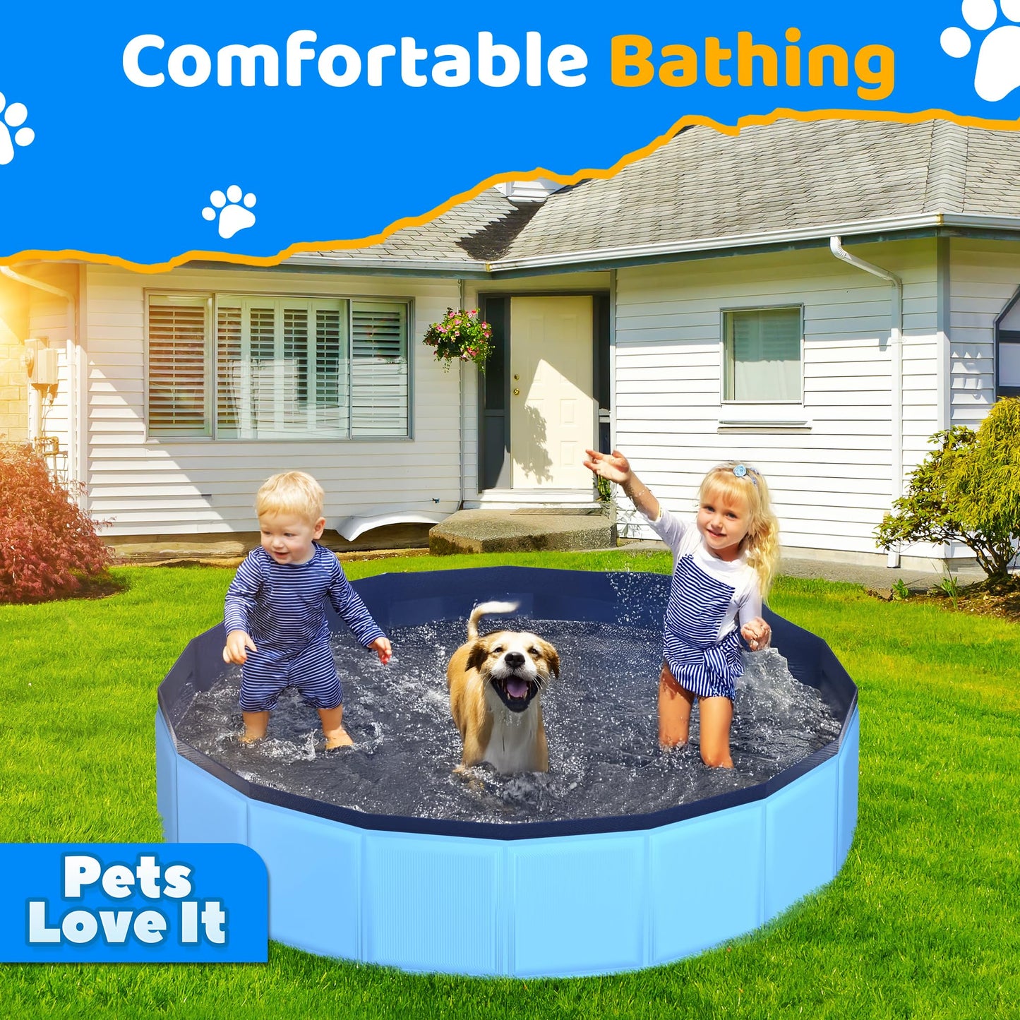 CACSPS 63" x 12" Foldable Dog Pool - Collapsible Hard Plastic Kiddie Pool for Dogs & Kids, Non-Slip Pet Bath Tub for Outdoor Backyard Use, Lightweight & Portable (Blue)