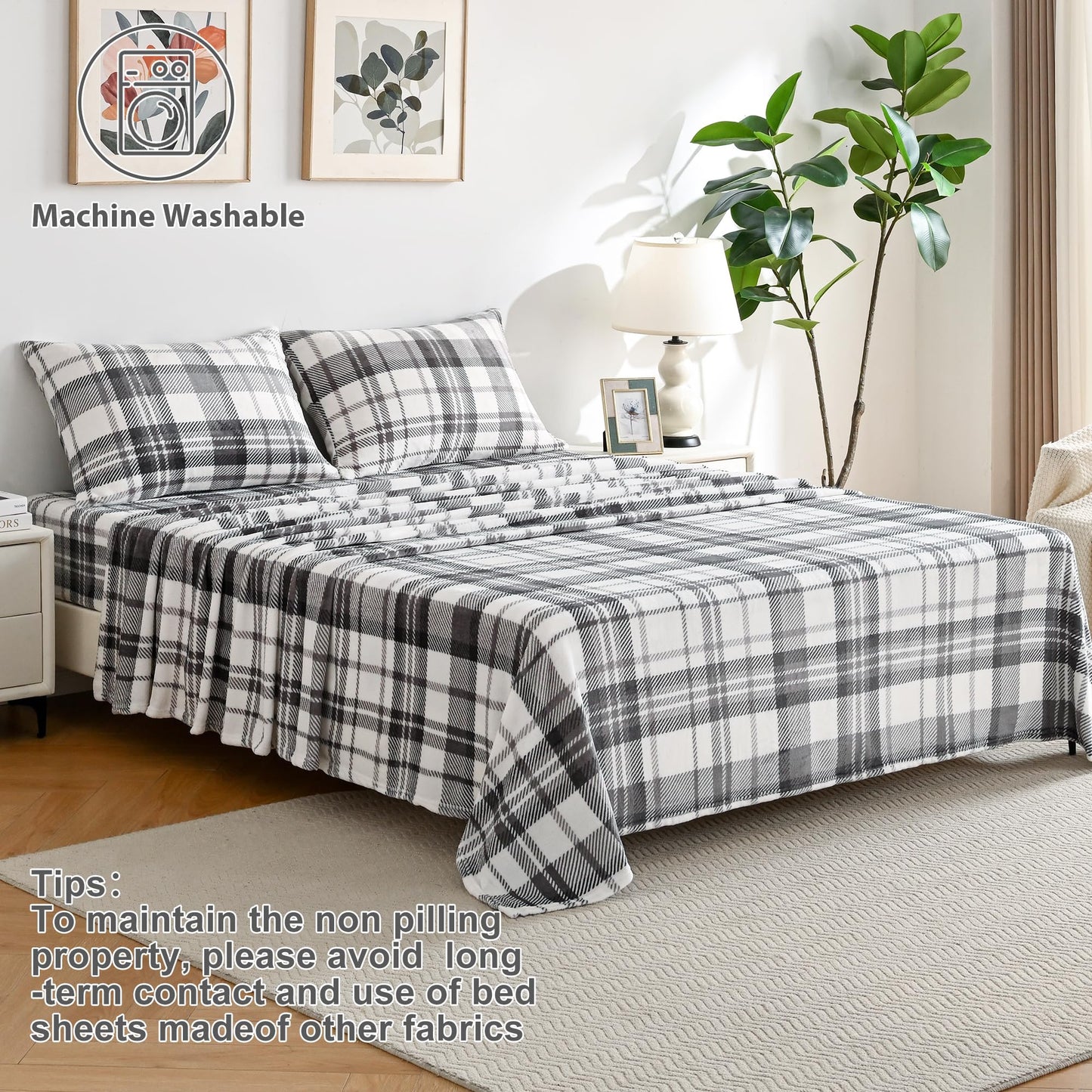 Softan Fleece Sheets Queen Size, Flannel Like Soft, Fuzzy Warm Plush Sheets, Velvet Polar Microfleece Bedding for Winter, Grey White Plaid