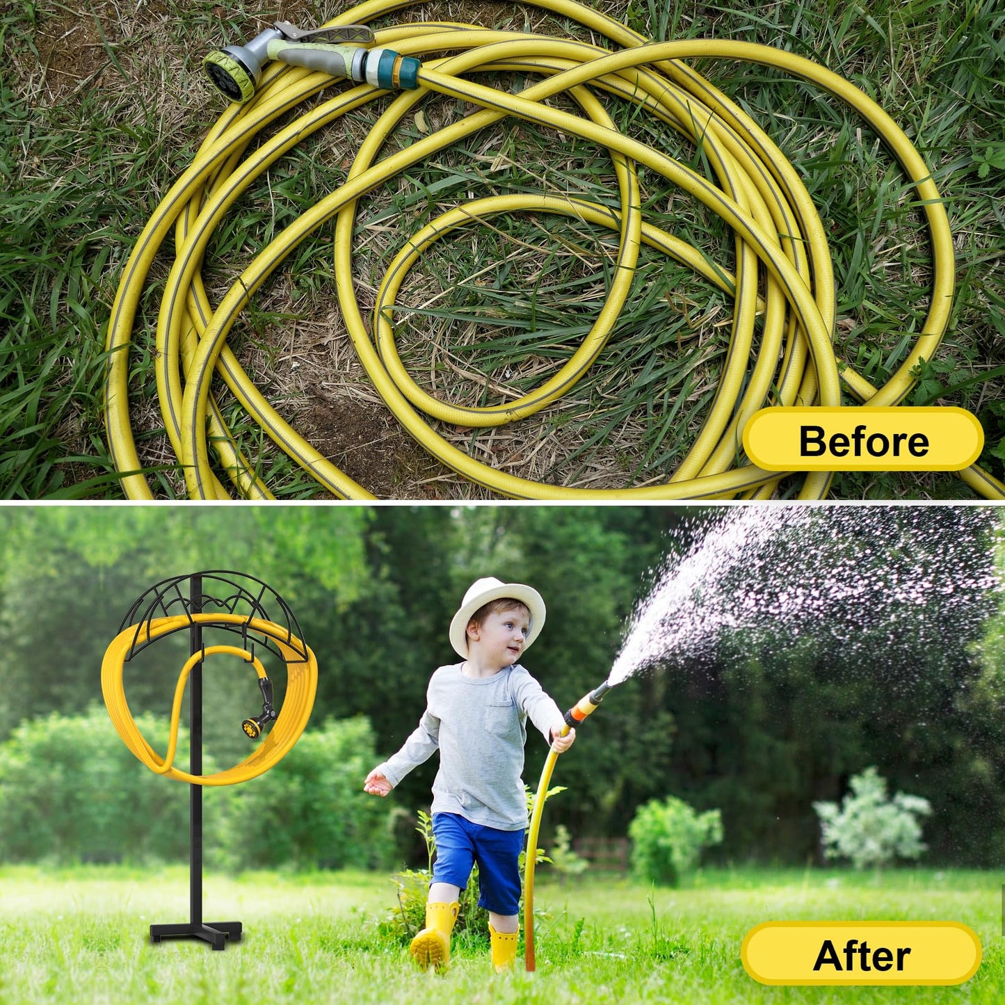VyGrow Garden Hose Holder Freestanding, Heavy Duty Metal Water Hose Holders for Outside, Detachable Garden Hose Storage Stand Rack, Black