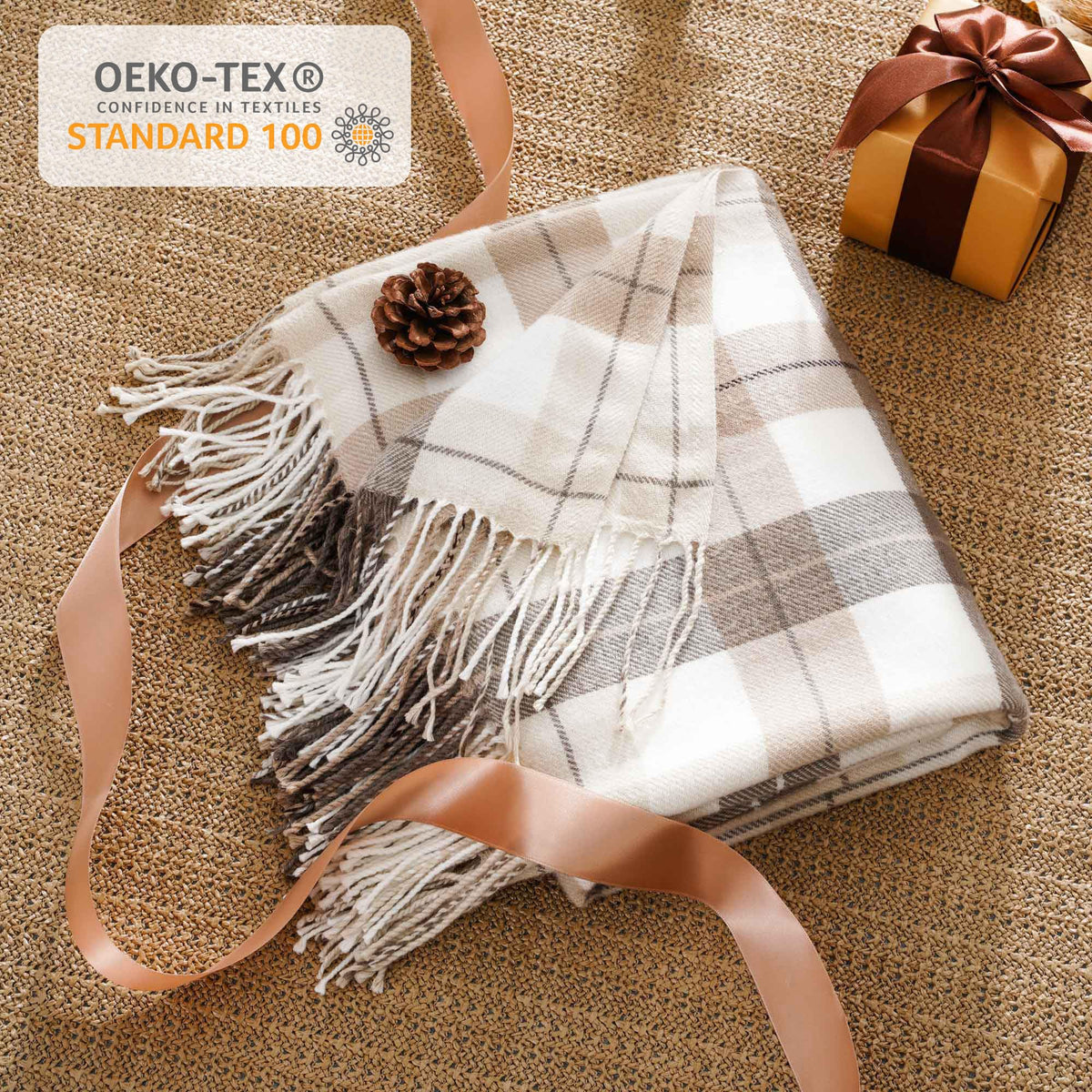 BATTILO HOME Grey White Plaid Throw Blanket for Couch, Fall Decor Throw Blankets Farmhouse Style, Super Soft Decorative Throw with Tassels 49"x63"