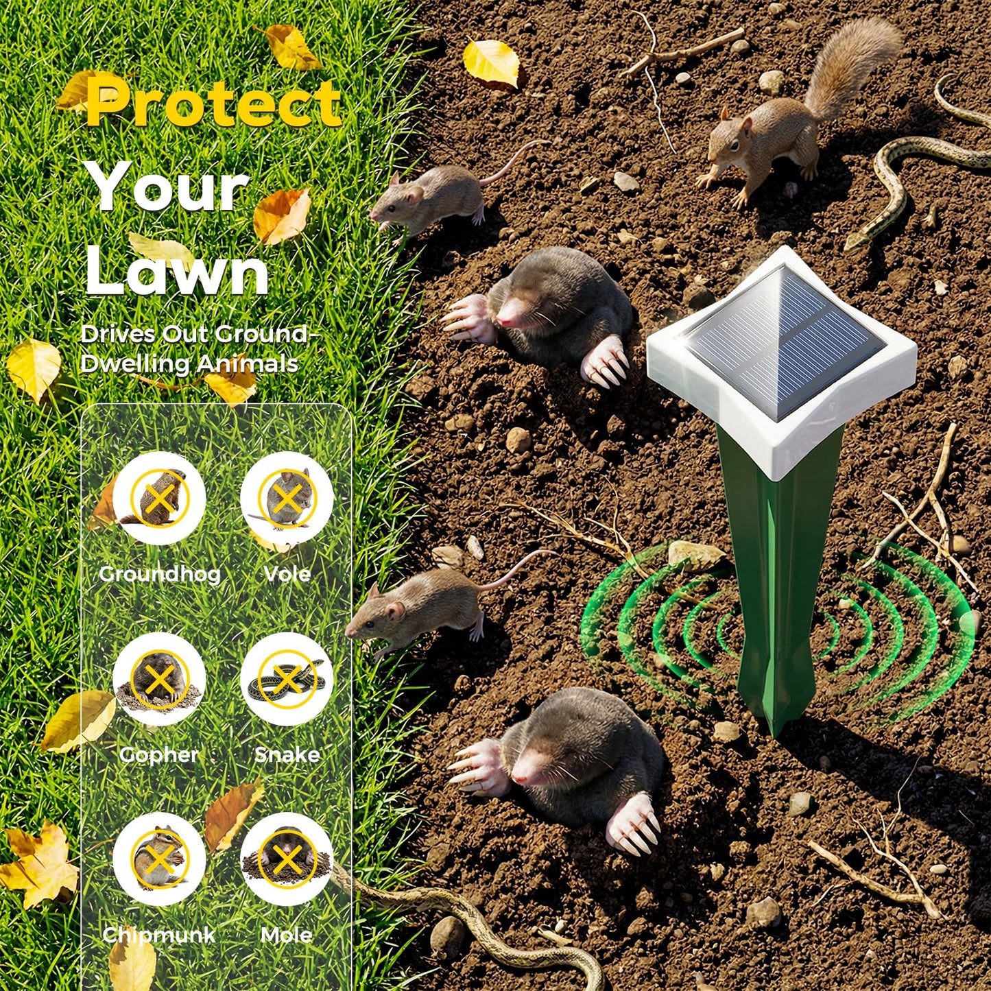 Ultrasonic Animal Repellent Outdoor, Solar Power Cat Rodent Raccoon Repeller, Squirrel Skunk Control Device with Motion Sensor and FIashing Light, Waterproof Rabbt Snake Deterrent for Outdoor