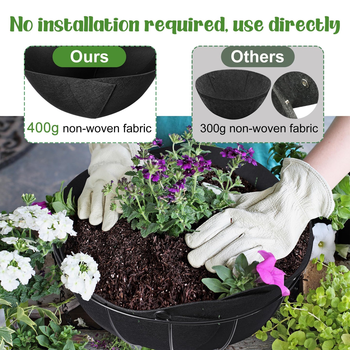 Adnee 16inch Fabric Planter Basket Liner - 6Pcs Felt Flower Pot Liners-Hanging Plant Basket Fiber Insert for Garden Wall Hanging Planter Flower Vegetables(Round/Rectangle)