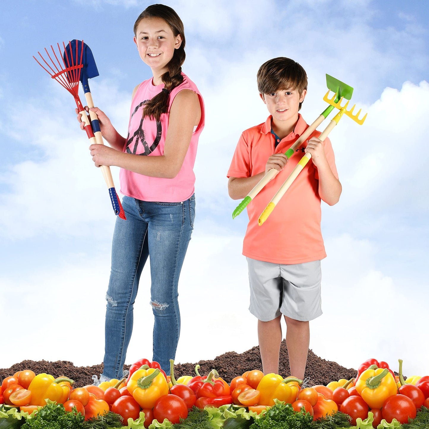 Play22 Kids Garden Tool Set Toy 4-Piece - Shovel, Rake, Hoe, Leaf Rake, Wooden Gardening Tools for Kids Best Outdoor Toys Gift for Boys and Girls