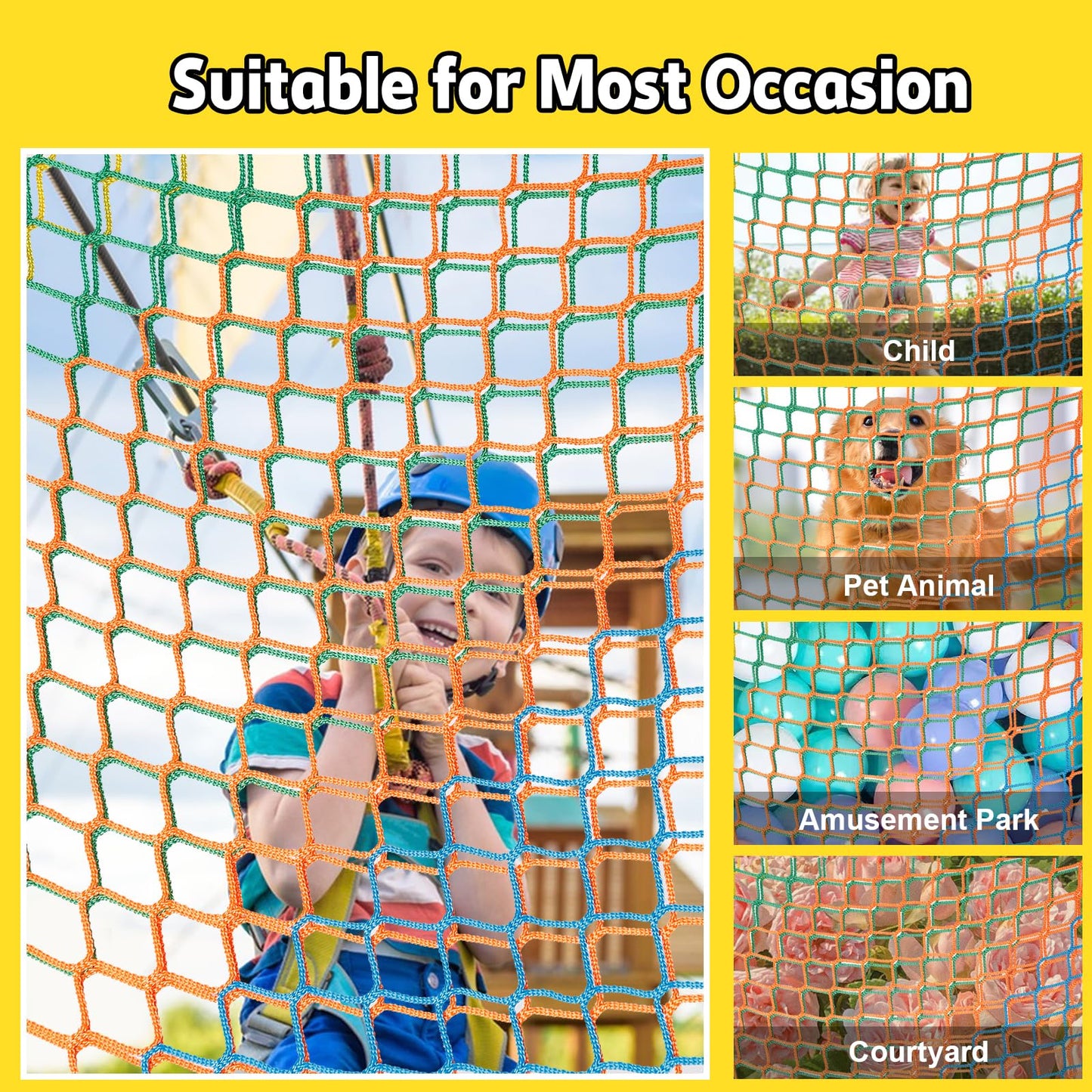 LPIW Climbing Net for Kids - 9.9FT x 9.9FT Double Layers Heavy Duty Playground Safety Net, Climbing Cargo Net for Tree House Tree Fort, Back Yard, Jungle Gyms, Monkey Bar Security Mesh（Rainbow）