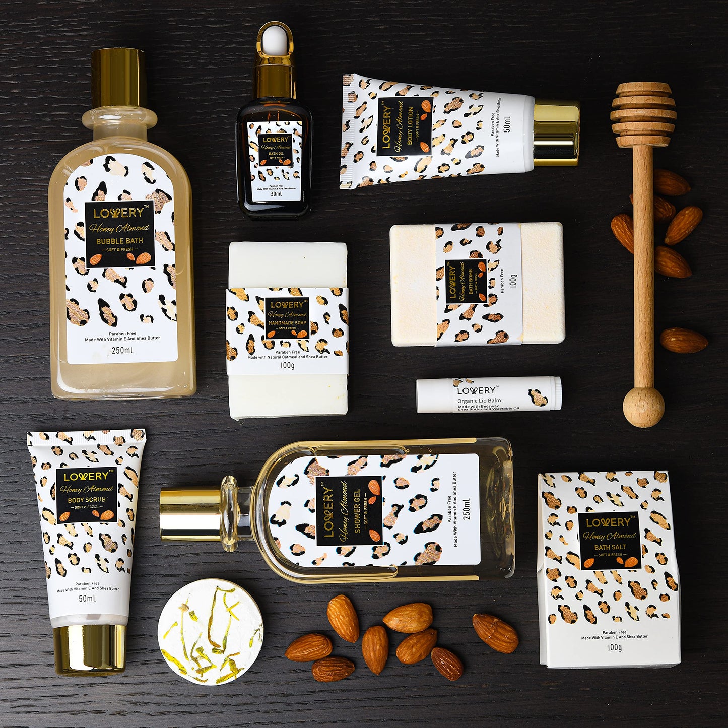 Home Spa Kit in Almond Scent - Bath Gift Basket with Vit E-Rich Bath Essentials - Tumbler, Ear Candles, Bath Oil, Salts, Shower Steamer, Organic Lip Balm & More in a Leopard Basket, 21Pcs