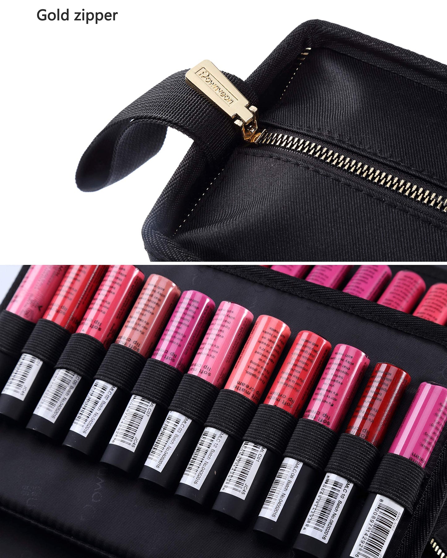 ROWNYEON Lipstick Organizer Case Lipstick Holder Lip Gloss Portable Display Lipstick Cosmetic Storage Bag Makeup Travel Bag Makeup Train Case with Carrying Handle (67 Slot Golden Zipper Black)