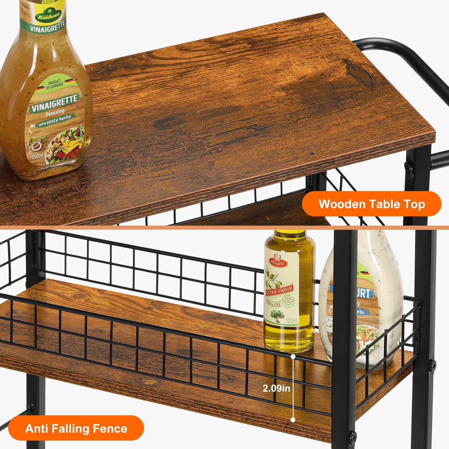 YBING 4 Tier Slim Kitchen Storage Cart with Wheels, Rustic Brown, 31D x 46W x 60H cm