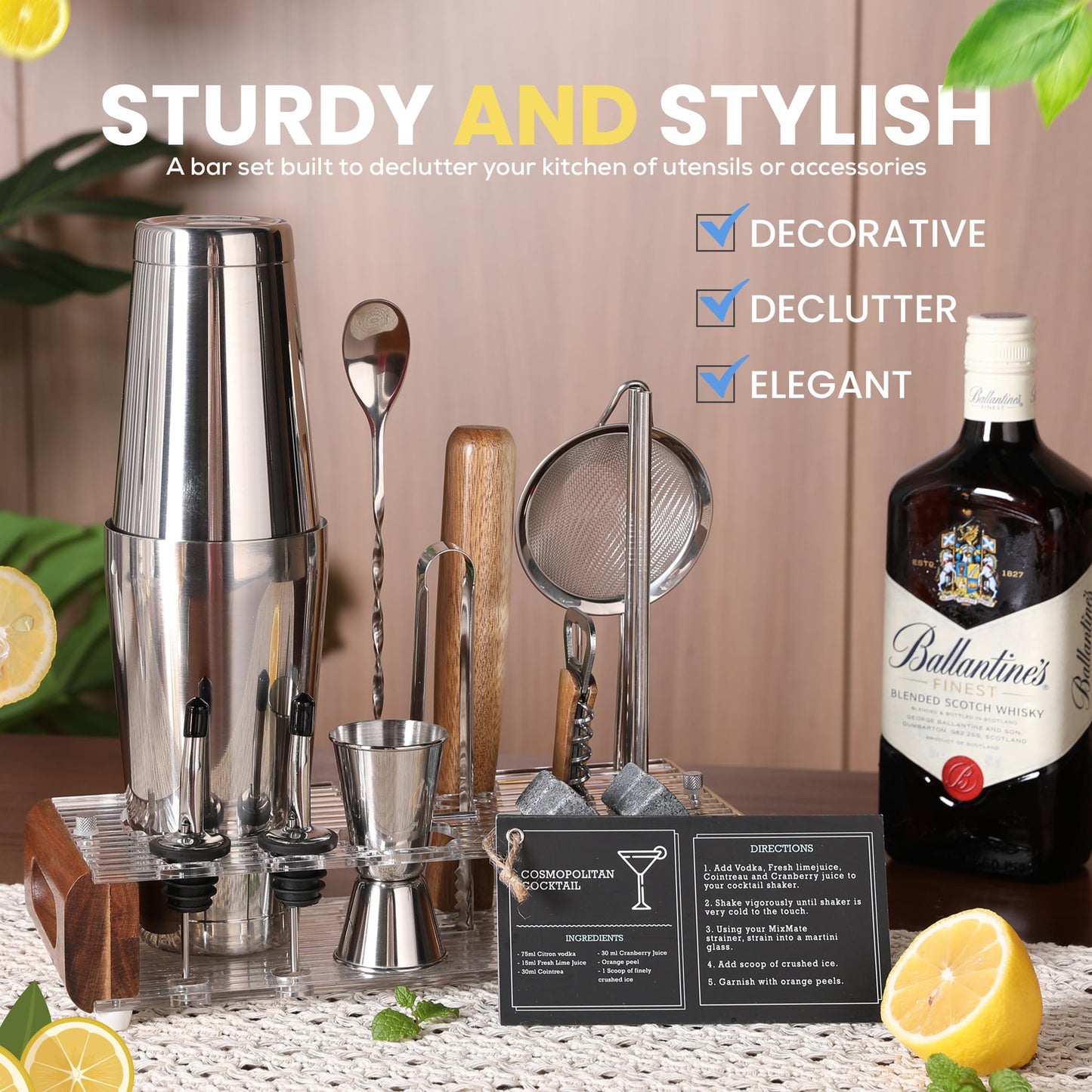 Mixology Bartender Kit with Wood Stand - 18 Piece Bar Tool Set, Silver Bar Set Boston Shaker for Drink Mixing Includes Boston Shaker, Jigger, Hawthorne Strainer, Mixer Spoon, Tongs, Opener | Gift Idea