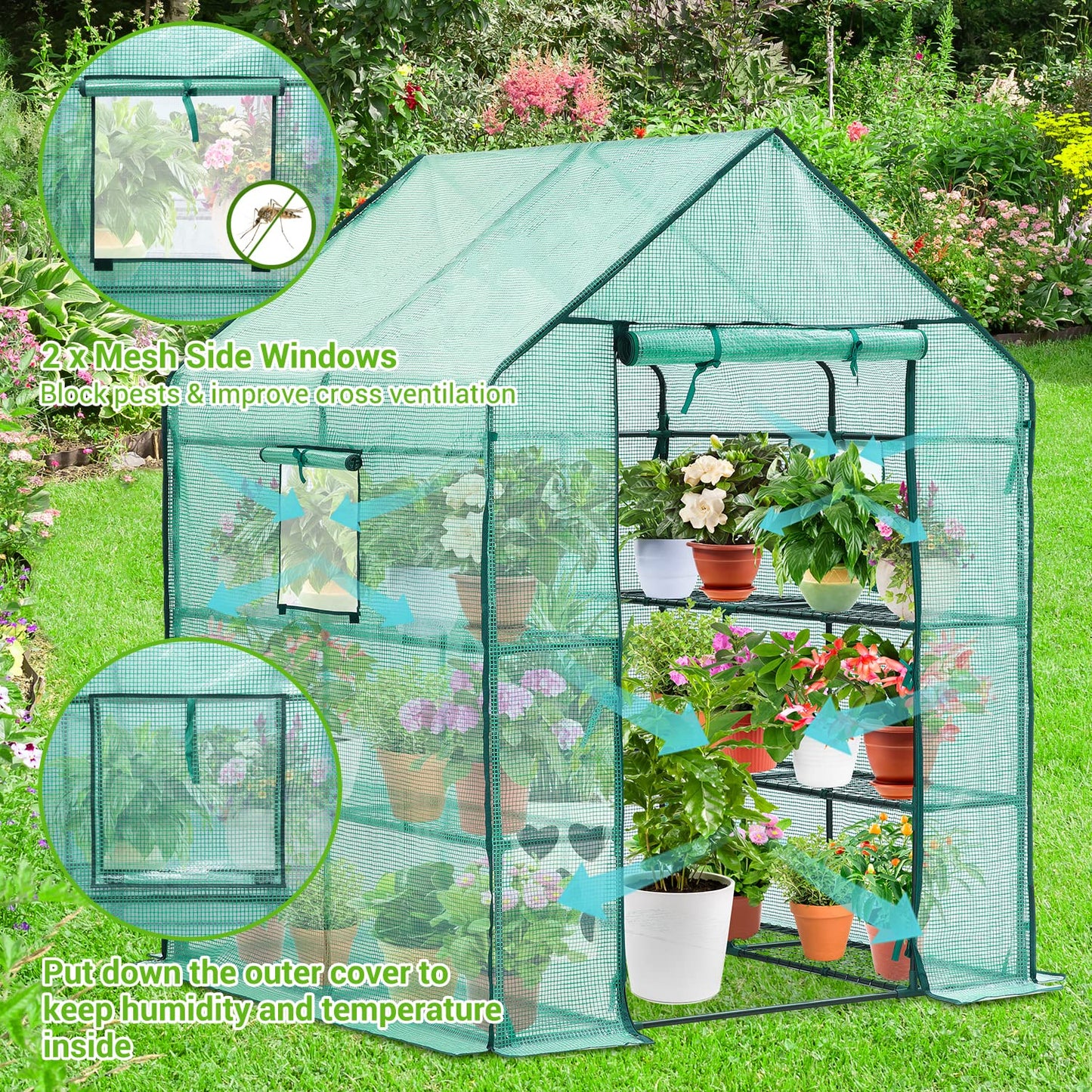 57.5" x 57" x 76" Greenhouse for Outdoors with Observation Windows, Ohuhu Large Walk-in Plant Greenhouse, 3 Tiers 12 Shelves Stands Green House with Ground Pegs & Ropes for Stability, 4.8x4.8x6.3 FT