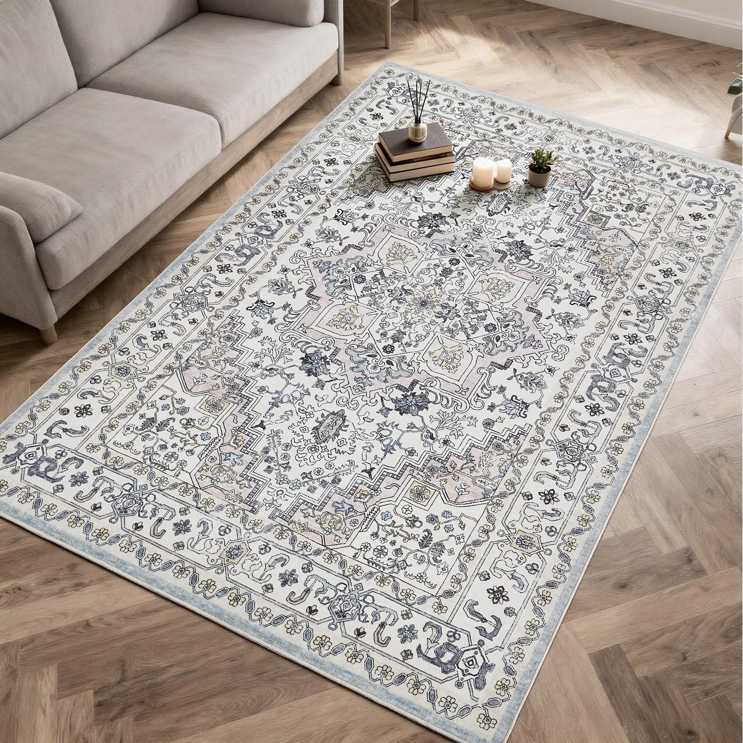 Washable 6X9 Area Rugs for Living Room, Soft Low Pile Vintage Rugs with Non Slip Rubber Backing, Boho Large Carpet for Bedroom Dining Room, Farmhouse, Nursery, Home Office.