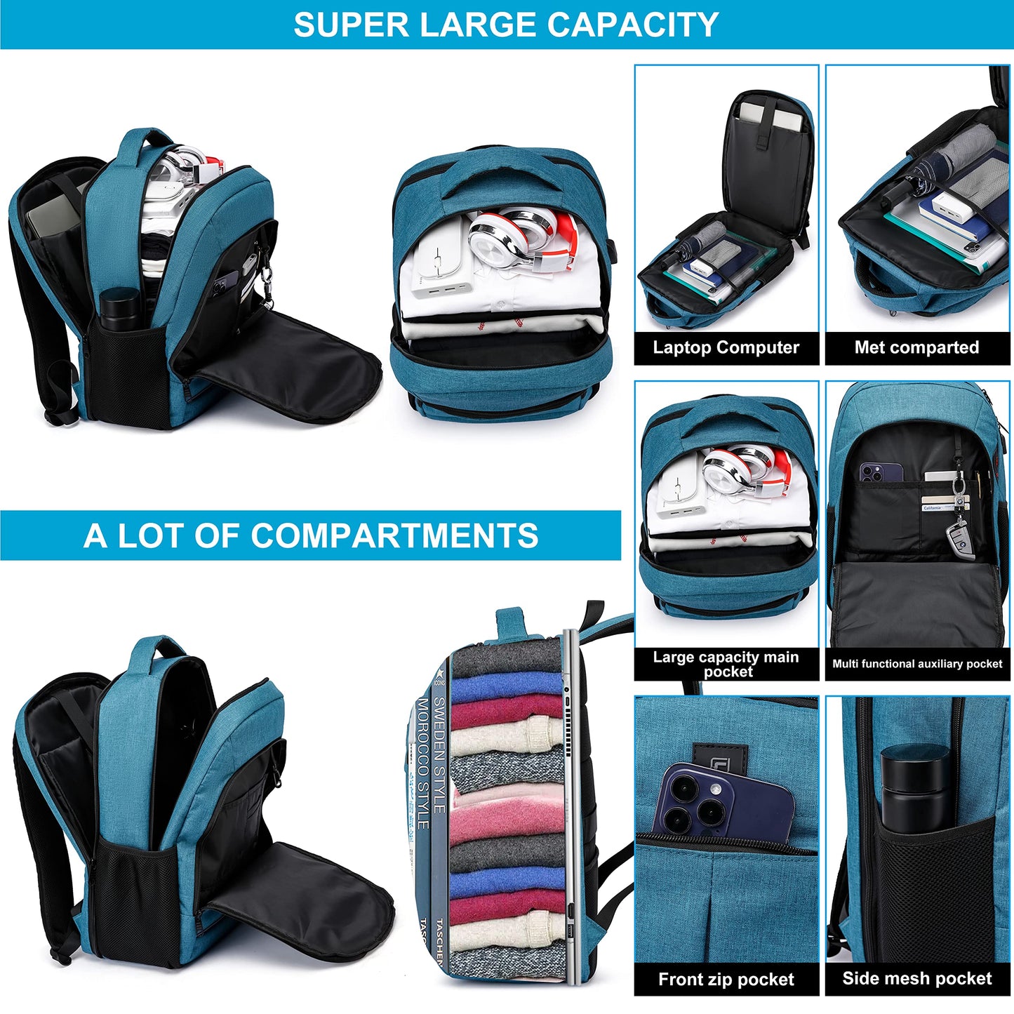 Backpack,Bookbag for Men and Women, 17.3 inch TSA Water Resistant Business Travel Laptop Backpack,Durable College School Backpack Bookbag for Teens, Lake Blue