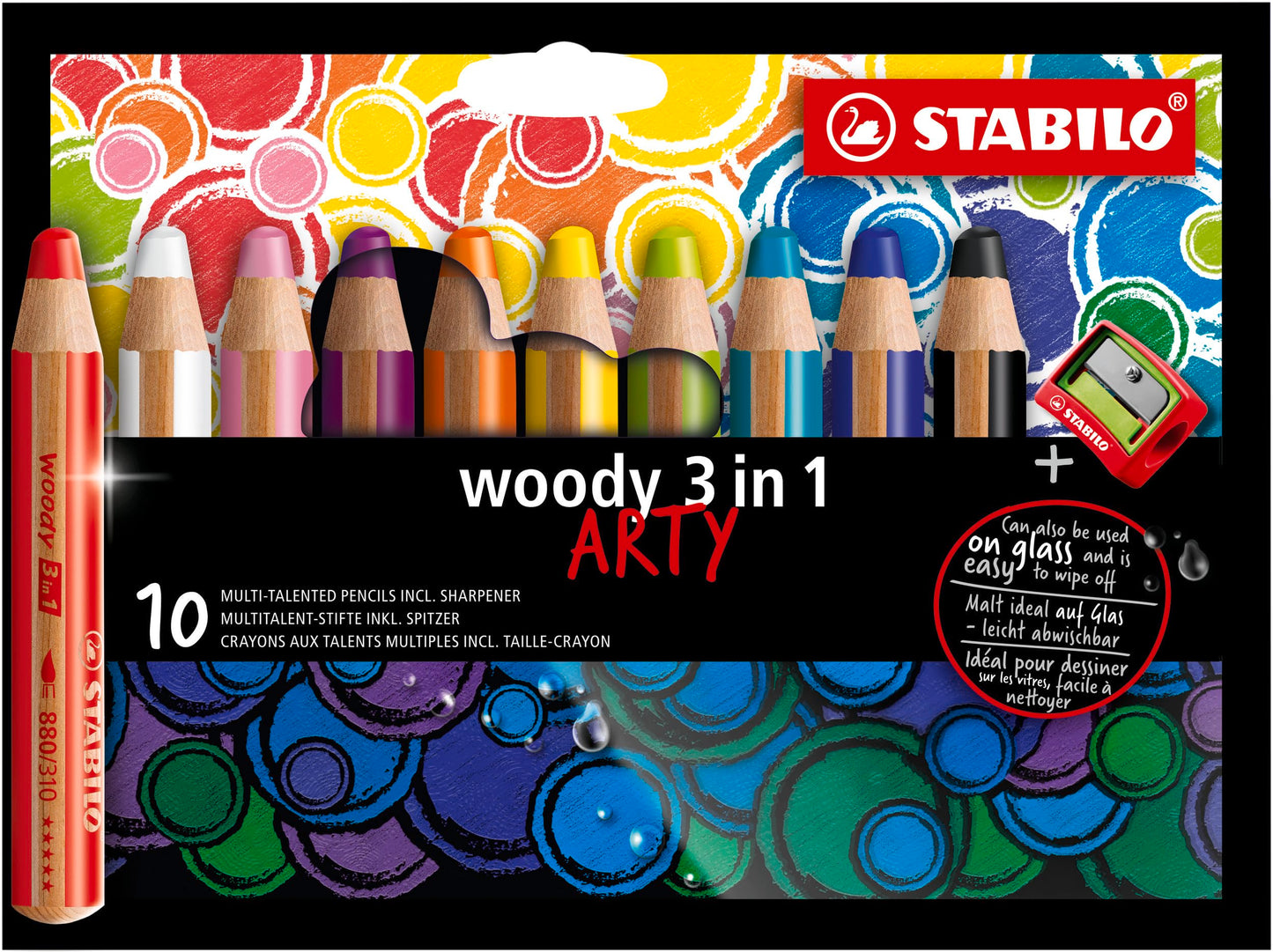 STABILO Multi-Talented Pencil woody 3 in 1 - ARTY - Pack of 10 - Assorted Colours with Sharpener