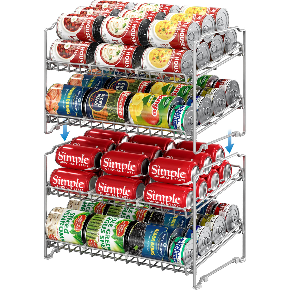 Simple Houseware 2 Tier Stackable Can Rack Organizer for Pantry Storage, 2 Pack, Silver