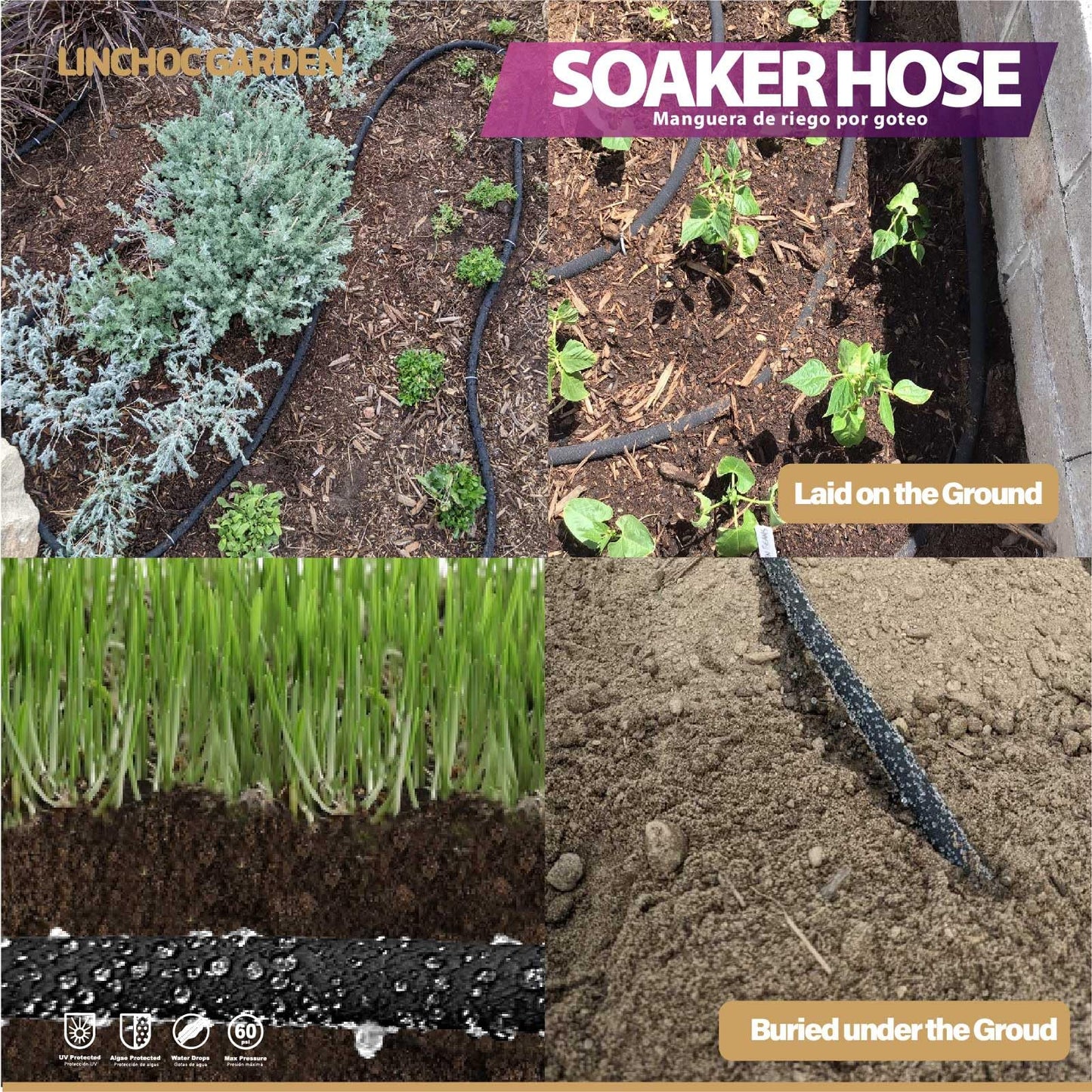 LICNCHOC Garden Soaker Hose, 1/2 Inch Flexible Durable Garden Hose for Efficient Watering, Leak-Proof Design 100% Recycled Rubber, Ideal for Lawns, Gardens & Flower Beds (100 FT)