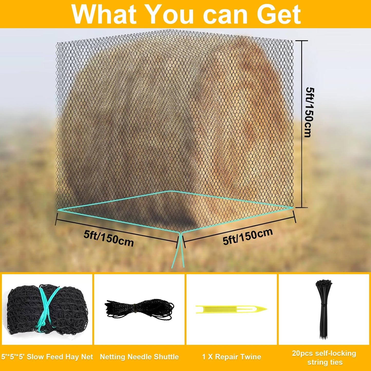 YUNPHDA Round Bale Hay Net, 5 * 5ft Feet Slow Feed Hay Net for Horses Livestocks Feeder with 1.75 Inch Holes, Holes Fits Round Bales 4x5, 5x5ft or Square Bales 3x3x8 (5 * 5ft)