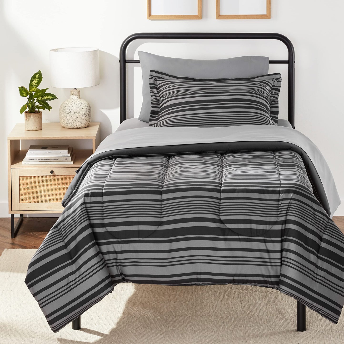 Amazon Basics 5-Piece Lightweight Microfiber Bed-in-a-Bag Comforter Bedding Set - Twin/Twin XL, Gray Calvin Stripe