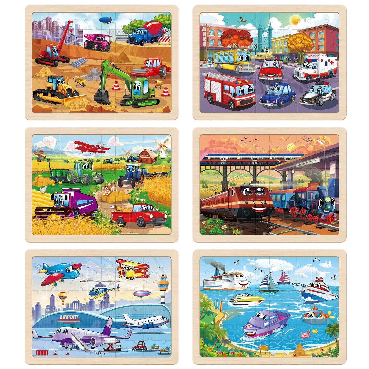 SYNARRY Wooden Vehicle Puzzles for Kids 3-5, 6 Packs 60 PCs Jigsaw Puzzles for Kids 4-8 Years Old, Wood Kids Puzzles Ages 5-8, Preschool Educational Toys Gifts for 3 4 5 6 7 8 Year Old