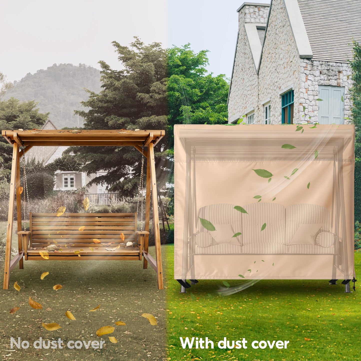 uHousDeco Outdoor 3 Triple Seater Hammock Patio Swing Chair Cover Water-Resistant All Weather Protection Beige Color