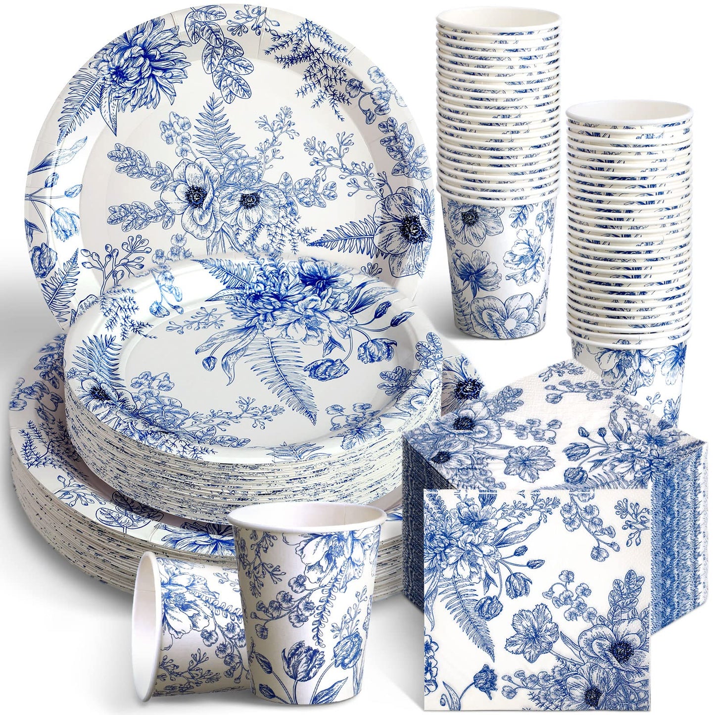 Dandat 250 Pcs Blue Floral Paper Plates and Napkins Blue Bridal Shower Tea Party Decorations Blues White Floral Tableware Set for 50 Guests Disposable Plates Napkins Cups Wedding Baby Bridal Shower