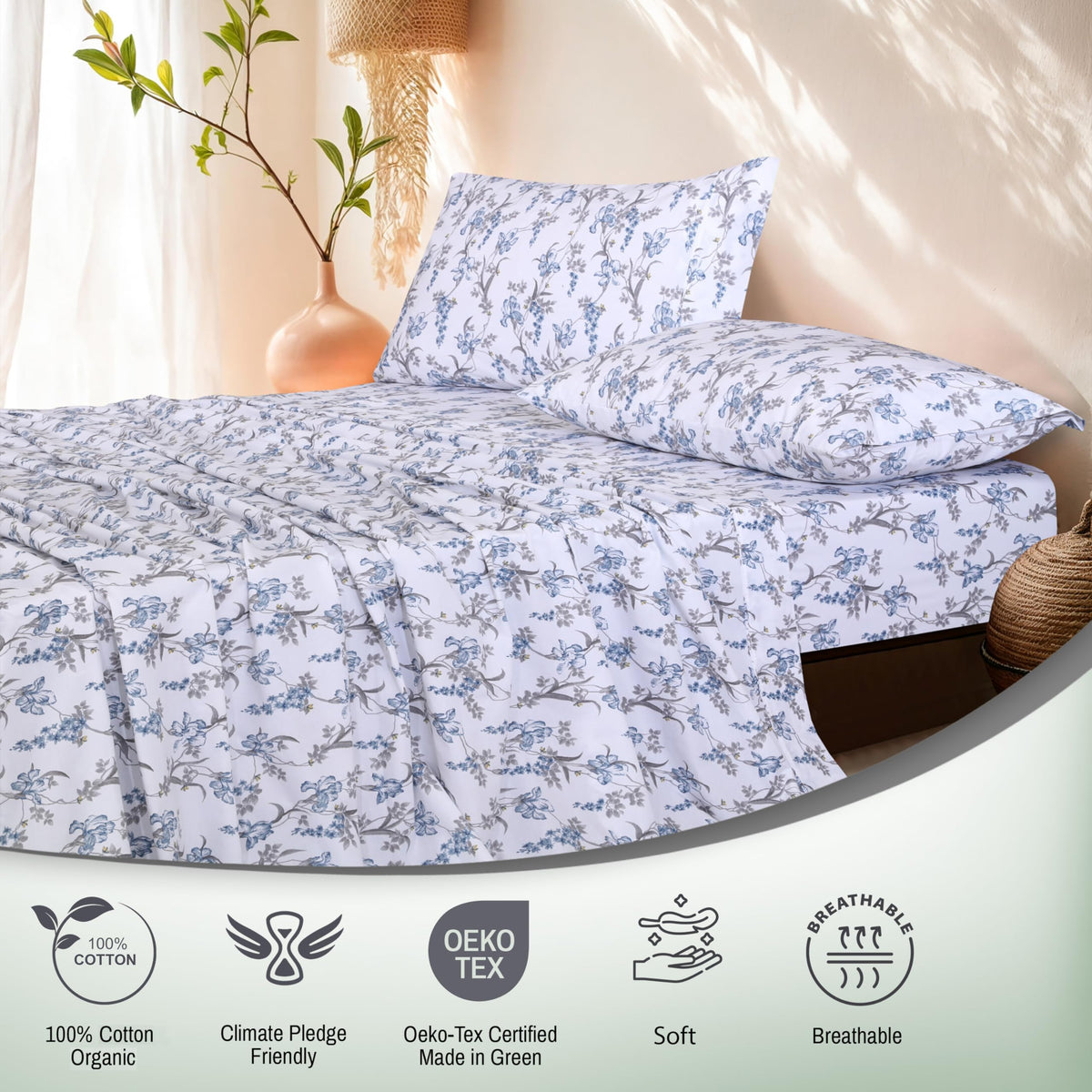 RUVANTI 100% Organic Cotton Sheets - Queen Sheet Set - 4 Piece Percale Weave Bedding, Crisp, Cooling & Breathable, Soft & Durable, 16" Deep Pocket, Hotel Quality Sábanas - Deluxe