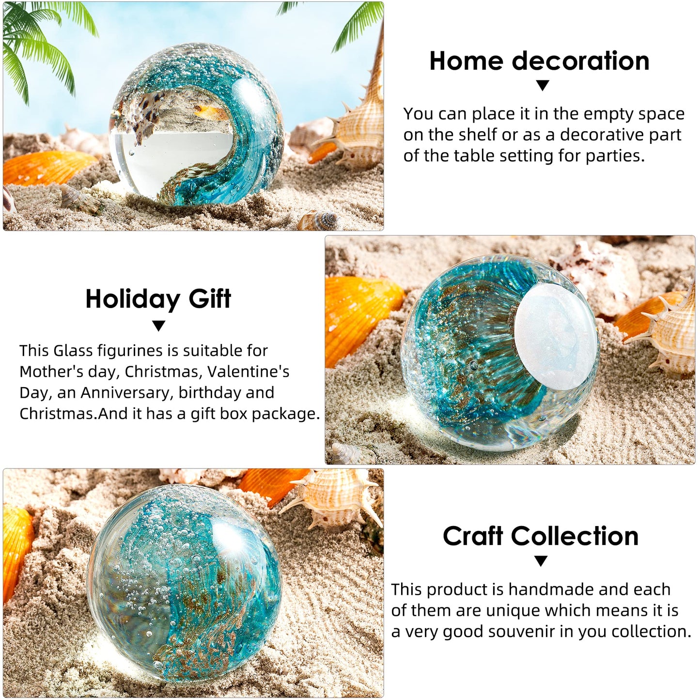 Hand Blown Glass Figurines Ball Ocean Waves,Office Paperweight Glass for Desk,Home Decor Collectible,Aquarium Decor,Office Decor Ocean Lovers