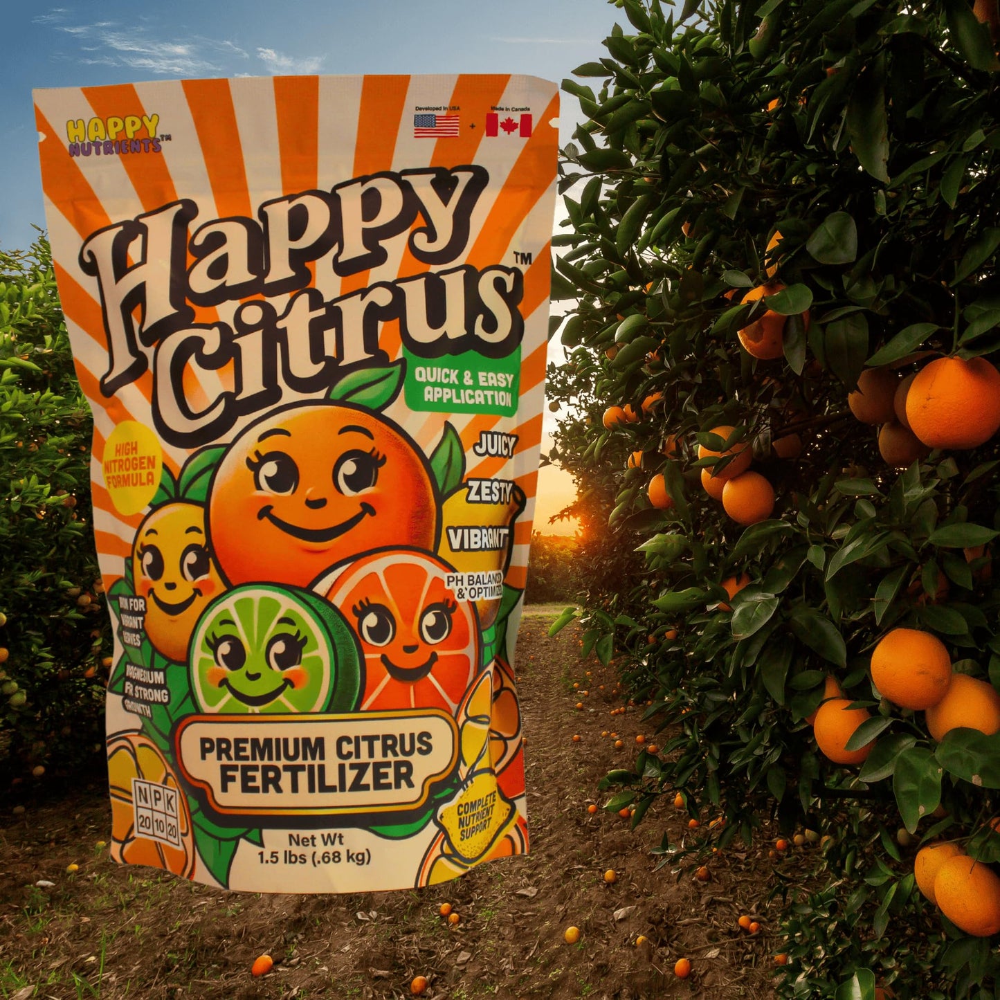 Citrus Fertilizer by Happy Nutrients - High Nitrogen Fruit Tree & Plant Fertilizer with Iron - Nutrient Support for Juicy, Flavorful Citrus - 1.5 lbs for Indoor/Outdoor Fruit Plants