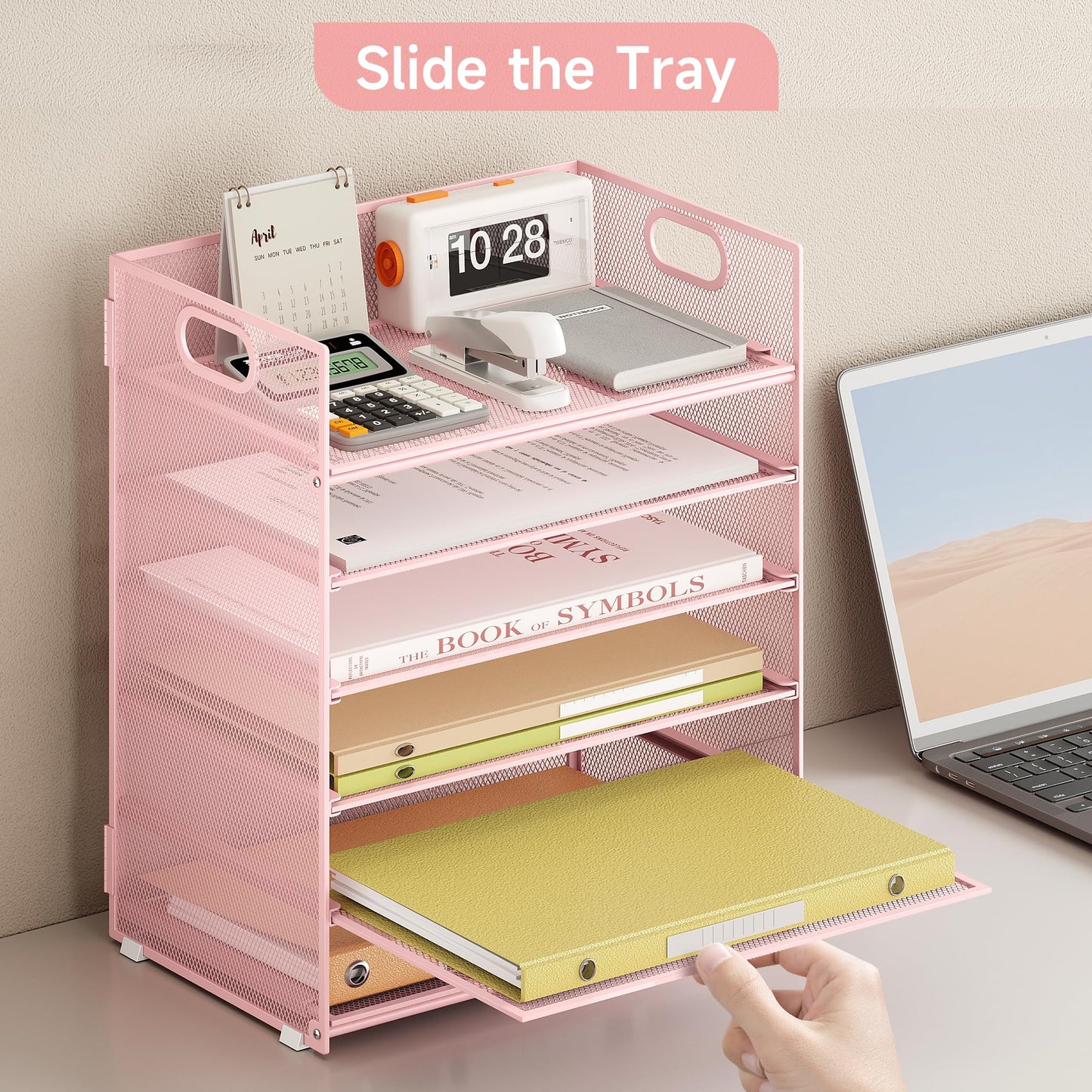 Marbrasse 6 Tier Desk Organizer, File Organizer with Handle, Mesh A4 Paper Organizer, Letter Tray for Office, Home or School (Pink)