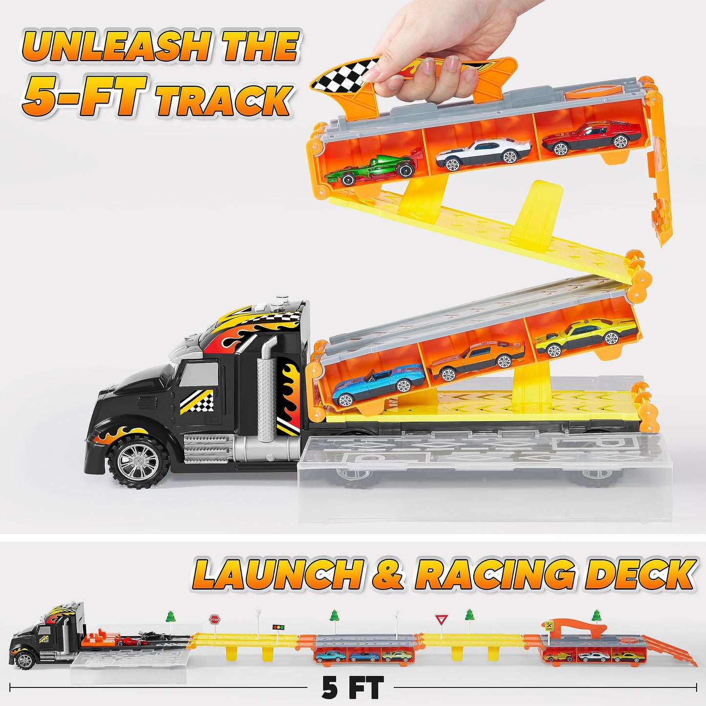 JOYIN Toy Truck for Kids, Race Toy Cars, 60" Extra Long Race Track and 12 Die-Cast Metal Cars, Toddler Carrier Truck Playset with Lights & Sounds, Birthday Gift for 2 3 4 5 6 7 Years Old Boys Girls