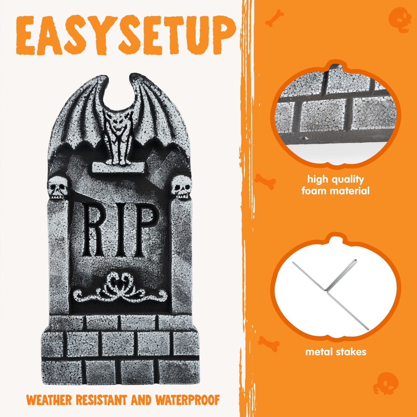 JOYIN 17” Halloween Foam RIP Graveyard Tombstones (5 Pack), Halloween Tombstones Decorations Outdoor for Graves with 12 Metal Stakes for Cemetery Yard Lawn Party Decor