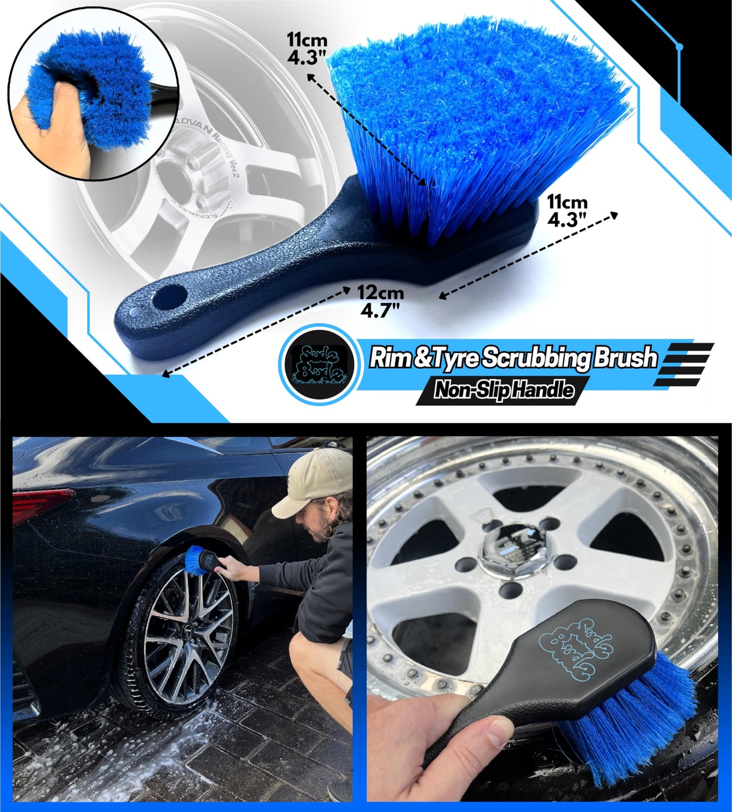 Sudz Budz® Deluxe Wheel Cleaning Set of 6 | No-Scratch, Bendable, Rim Washing Brushes Long/Short, Car Detailing and Tyre Brush, Shine Applicator, Plush Drying Towel. Easy Reach Kit to Detail Wheels