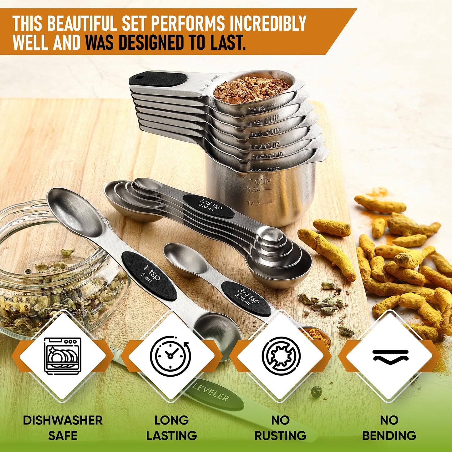 Spring Chef Stainless Steel Magnetic Measuring Cups & Spoons Set of 15 with Leveler (Patented), Heavy Duty Measuring Cups & Spoons for Baking & Cooking - for Dry & Liquid Ingredients - Black