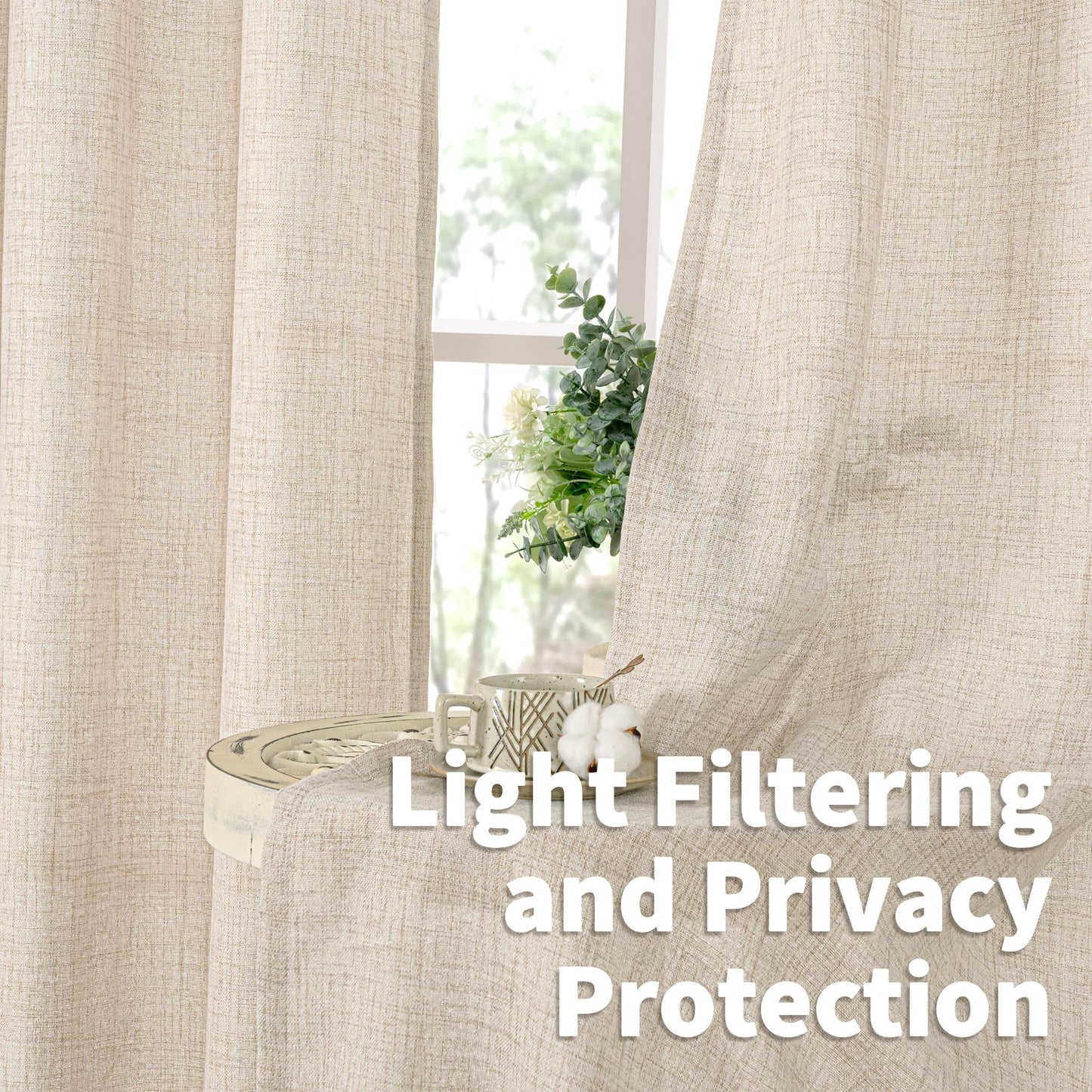 YoungsTex Natural Linen Curtains 84 Inch Long for Living Room Bedroom Grommet Top Light Filtering Privacy Linen Textured Window Semi Sheer Drapes, Birch, 2 Panels, 52x84 Inch