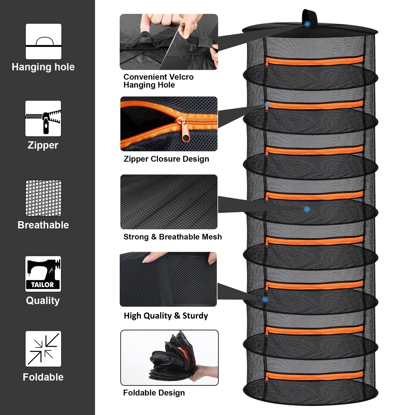 Desy & Feeci 8 Layer Herb Drying Rack- Folding Mesh Hanging Basket Dryer Net with Orange Zippers for Flowers Buds Plants Garden Outdoor Bumper Harvest