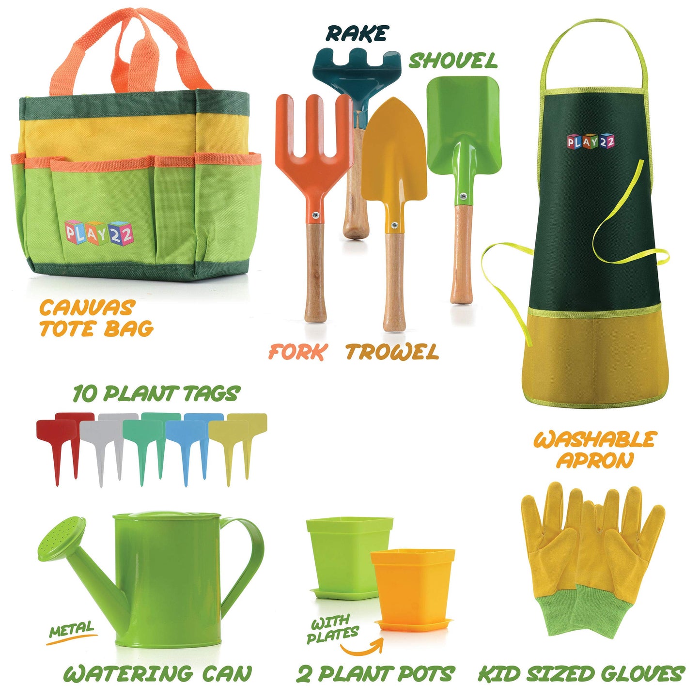 Play22 Kids Gardening Tool Set 12 PCS - Kids Gardening Tools Shovel, Rake Fork Trowel Apron Gloves Watering Can and Tote Bag - Wooden Gardening Tools for Kids Best Outdoor Toys Gift for Boys and Girls
