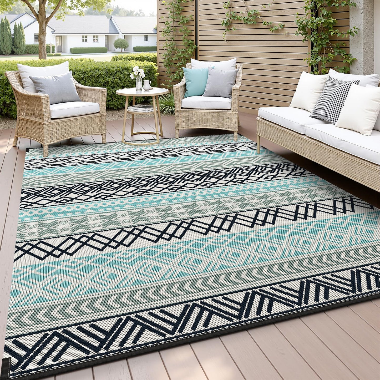 COCOER Boho Reversible Outdoor Picnic Blanket - 6x9 ft Blue Turquoise Floral Waterproof Plastic Straw Rug for RV Camping, Backyard, Deck