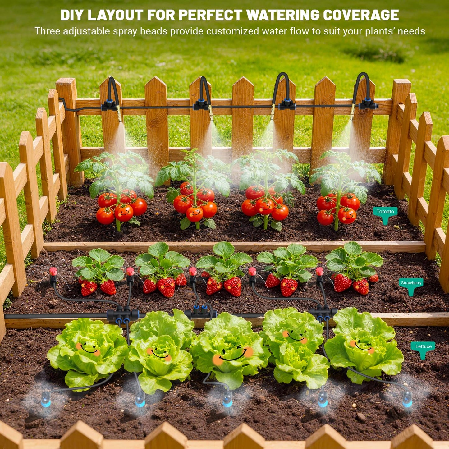 Irrigation System Garden, DIY Automatic Garden Watering Systems with Push-Fit Connectors, Water-Saving Design Sprinkler System, 3 Adjustable Nozzles for Yard, Greenhouse, Lawn & Potted Plants (100FT)