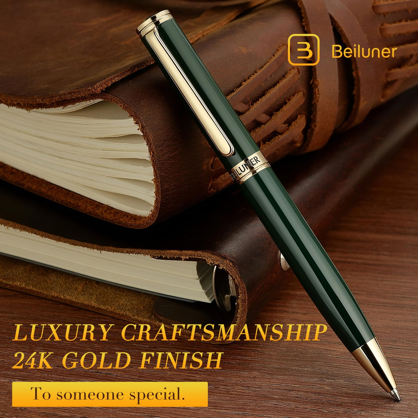 BEILUNER Luxury Gel Pen with 24K Gold Electroplating Finish, Green Piano Lacquer, Nice Craftsmanship, Best Gel Pen Gift Set for Men and Women, Professional, Office, Retractable, Designer Pens
