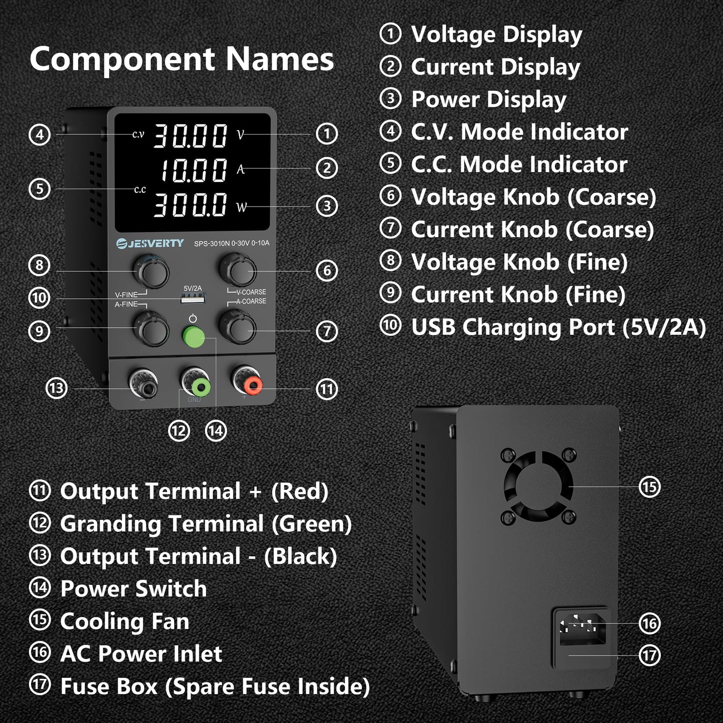 Jesverty DC Power Supply Variable, 0-30V 0-10A Adjustable Switching DC Regulated Bench Power Supply with High Precision 4-Digit LED Display, 5V/2A USB Port, Coarse and Fine Adjustment SPS-3010N