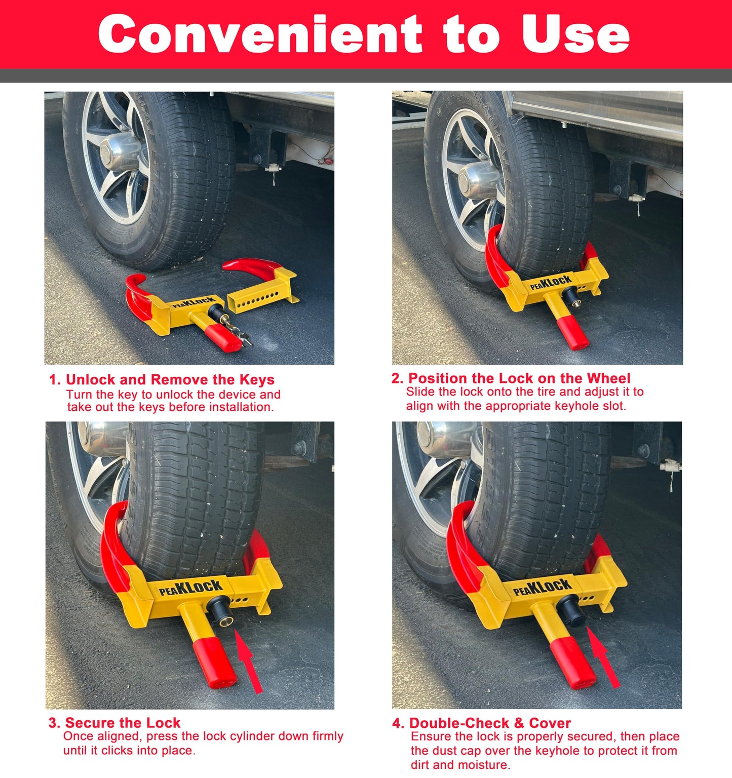 PEAKLOCK Universal Heavy-Duty Wheel Lock – Bright Red-Yellow Anti-Theft Security Clamp Tire Lock for Cars, SUVs, Campers, Motorcycles, and Trailers, Includes 3 Keys