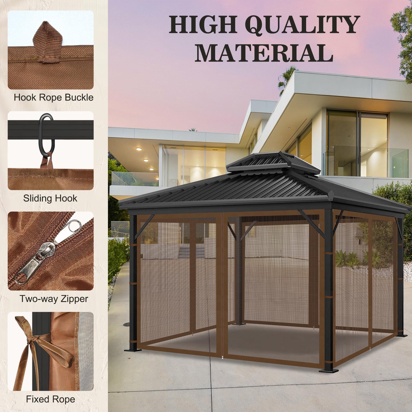 Universal Mosquito Netting Gazebo Curtains, Replacement Outdoor Pergolas Mesh Netting Screen for Patio Garden Yard, 4-Panel Gazebo Screen Sidewalls with Zipper (Coffee, 10'x12')