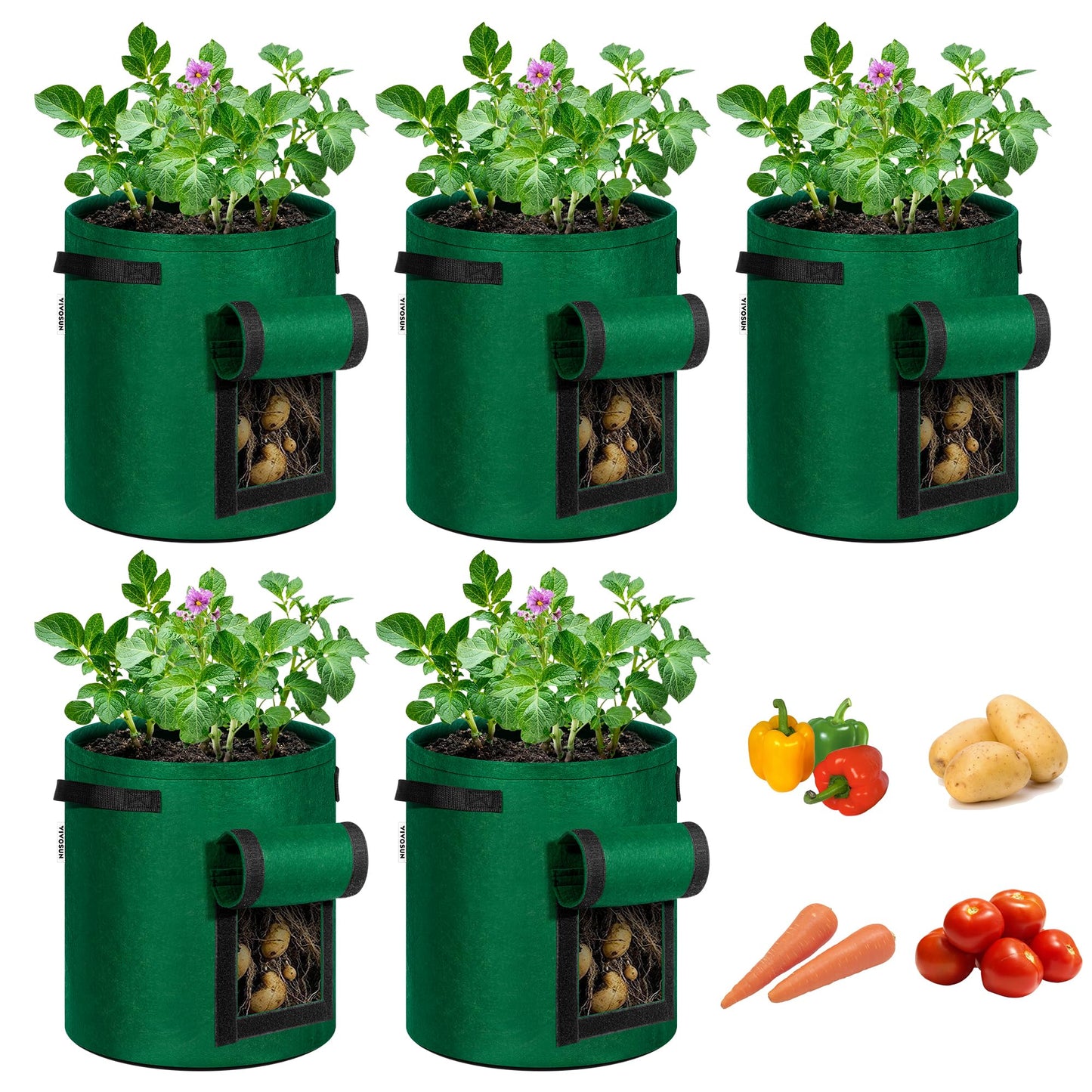 VIVOSUN 5-Pack 7 Gallon Potato Grow Bags with Handles, Non-Woven Fabric Bags for Carrots Tomato